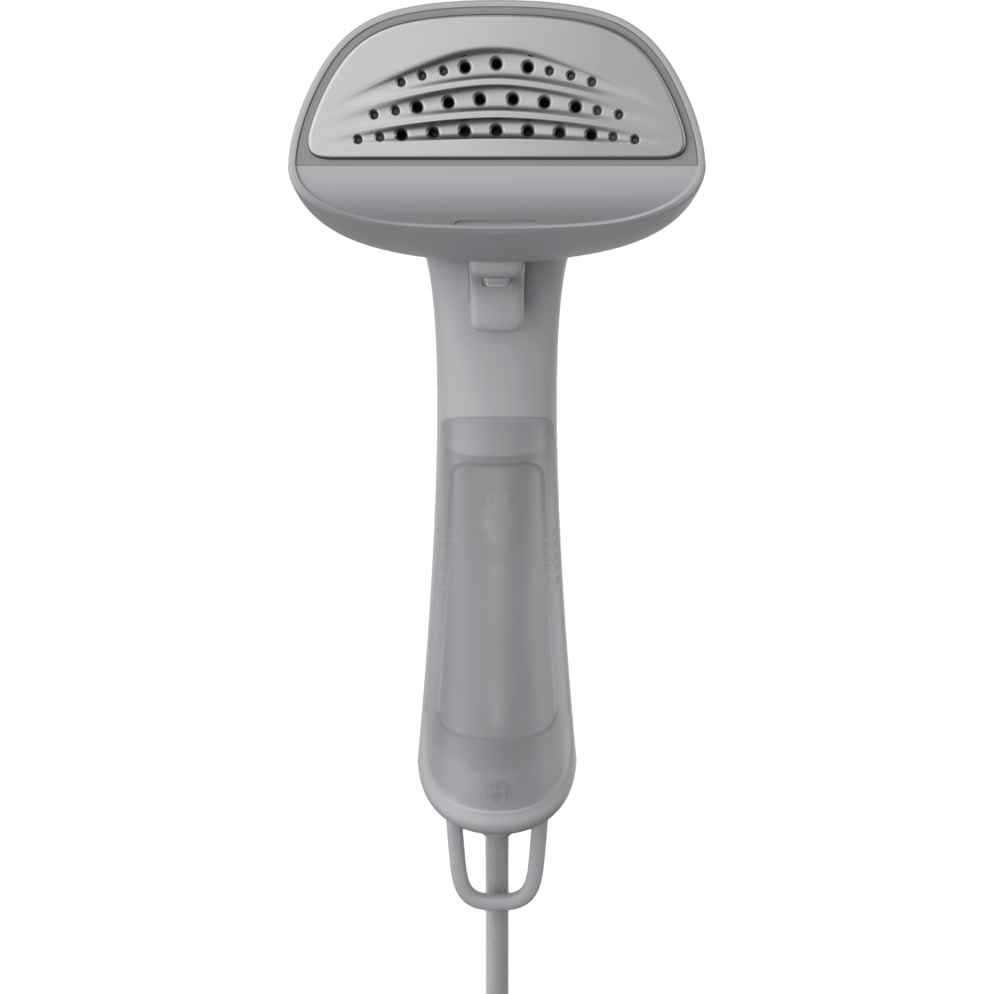 Un vaporizzatore portatile grigio con una parte superiore con fori, un'impugnatura e un serbatoio dell'acqua trasparente, collegato a un cavo.