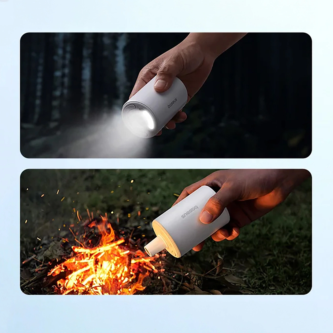 Zwei Bilder einer weißen zylindrischen Taschenlampe: eine beleuchtet, eine in der Nähe eines Feuers.