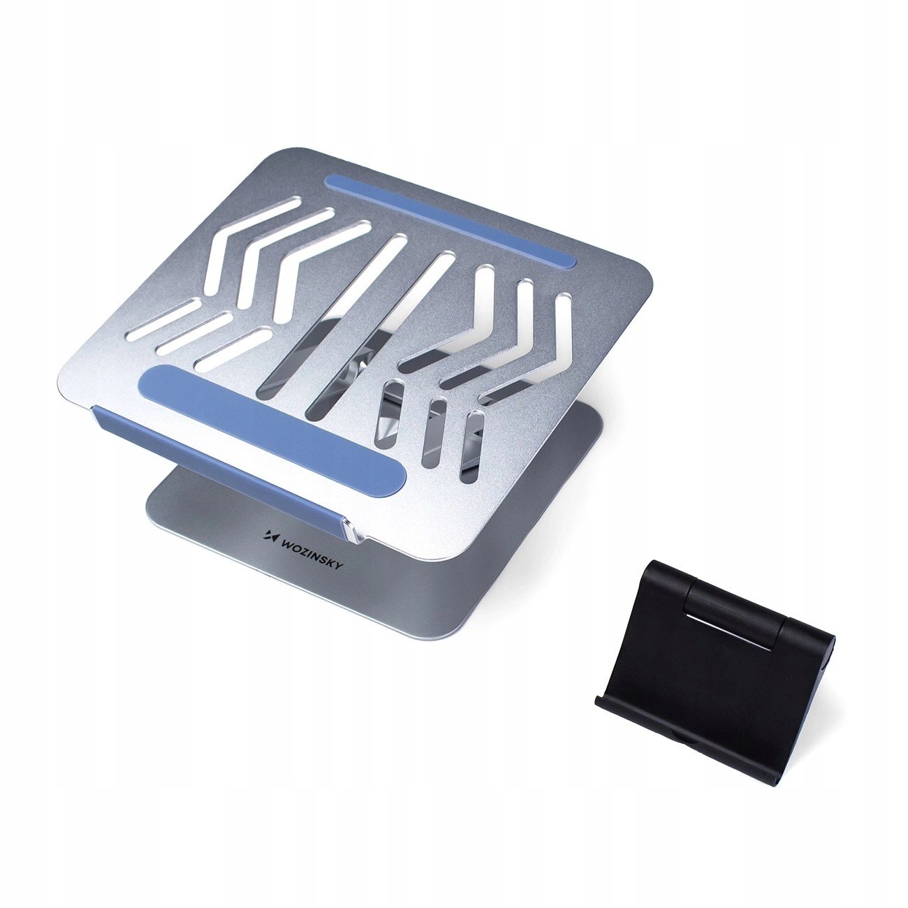 Srebrny stojak na laptopa i czarny stojak na białym tle. Widoczne jest logo Wozinsky.