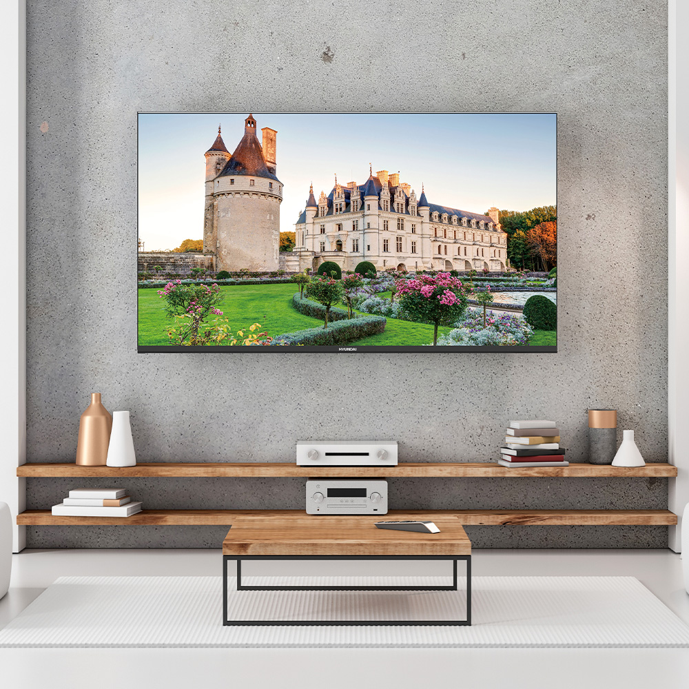 Un televisor muestra un castillo. Está montado en la pared sobre una estantería de madera.