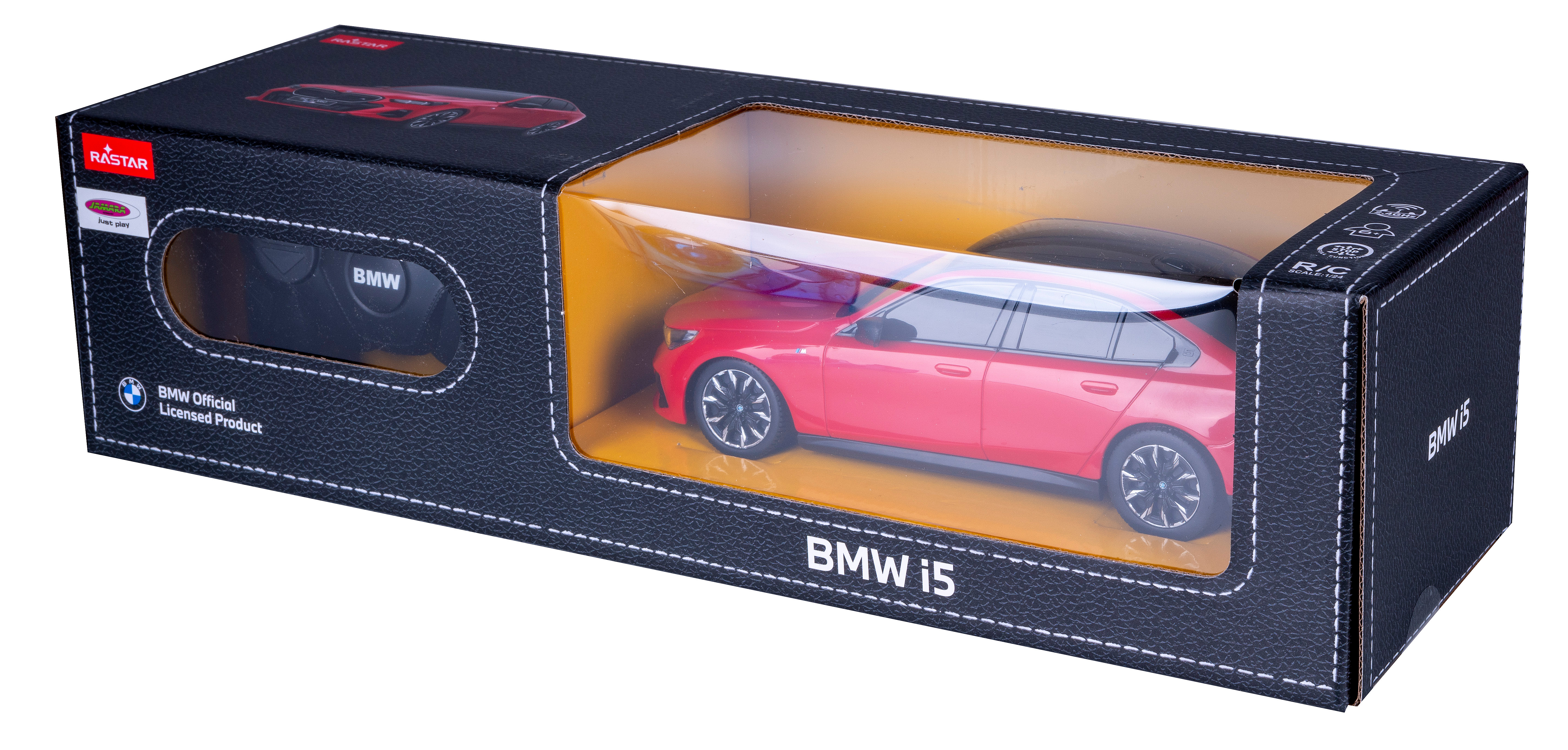 Rotes BMW i5 Modellauto in einer Box. Die Box ist schwarz mit BMW-Logo und Details. Klarsichtfenster.