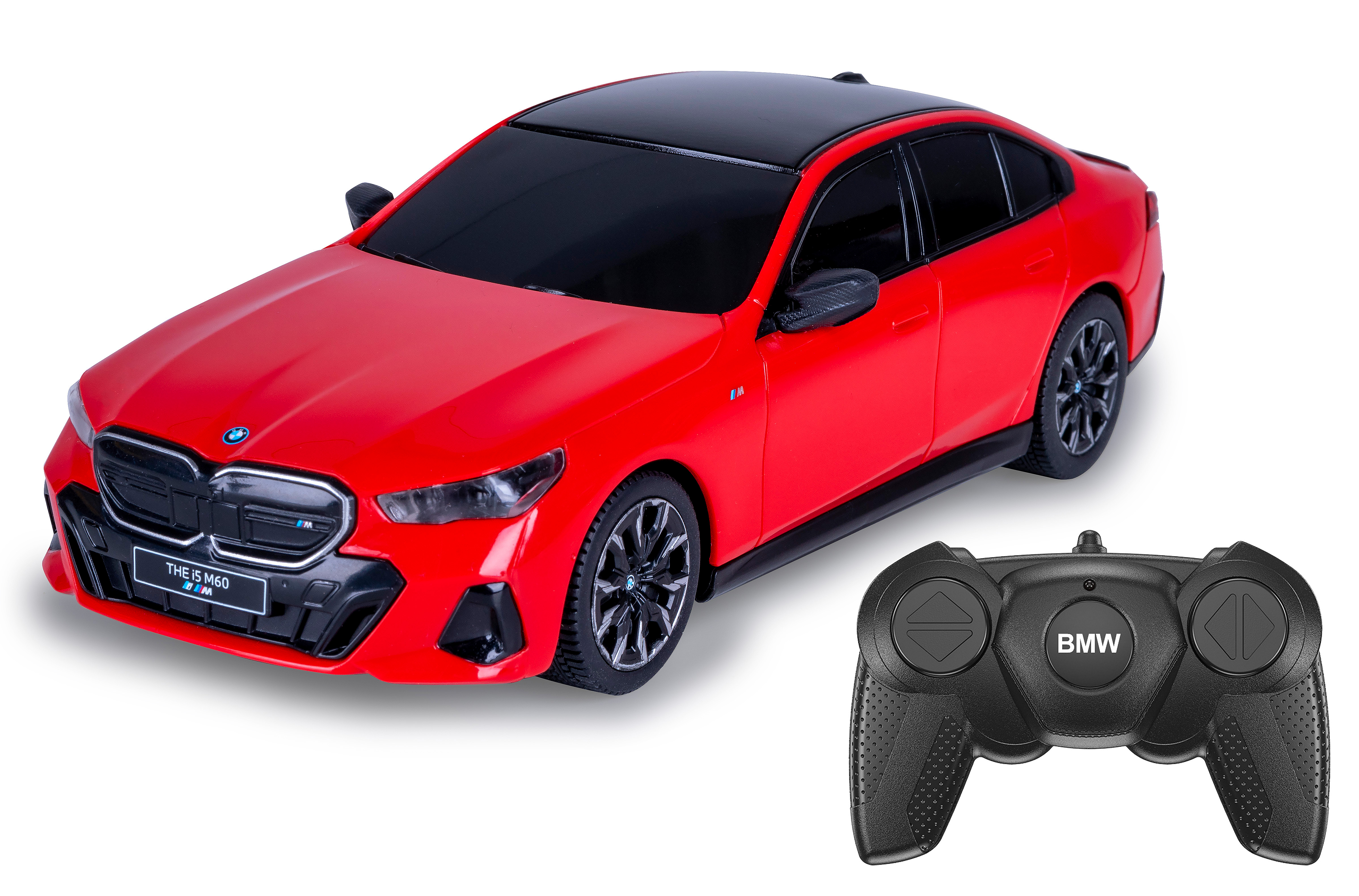 Rotes BMW M60 Modellauto und Fernbedienung. Schwarzes Dach, Details. Weißer Hintergrund, BMW-Logo.