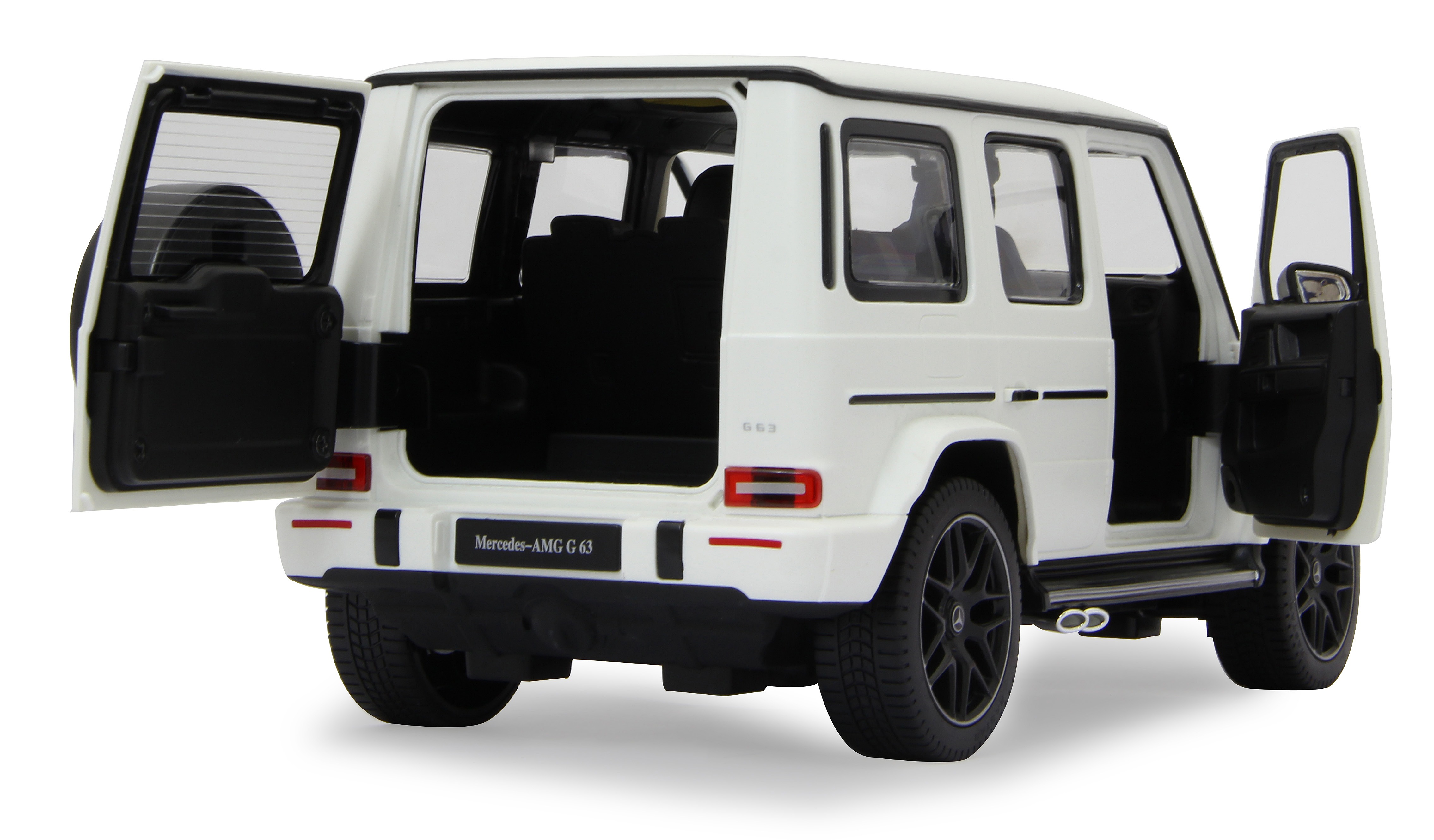 Weißes Spielzeug Mercedes-AMG G 63 mit offenen Türen, Rückansicht.