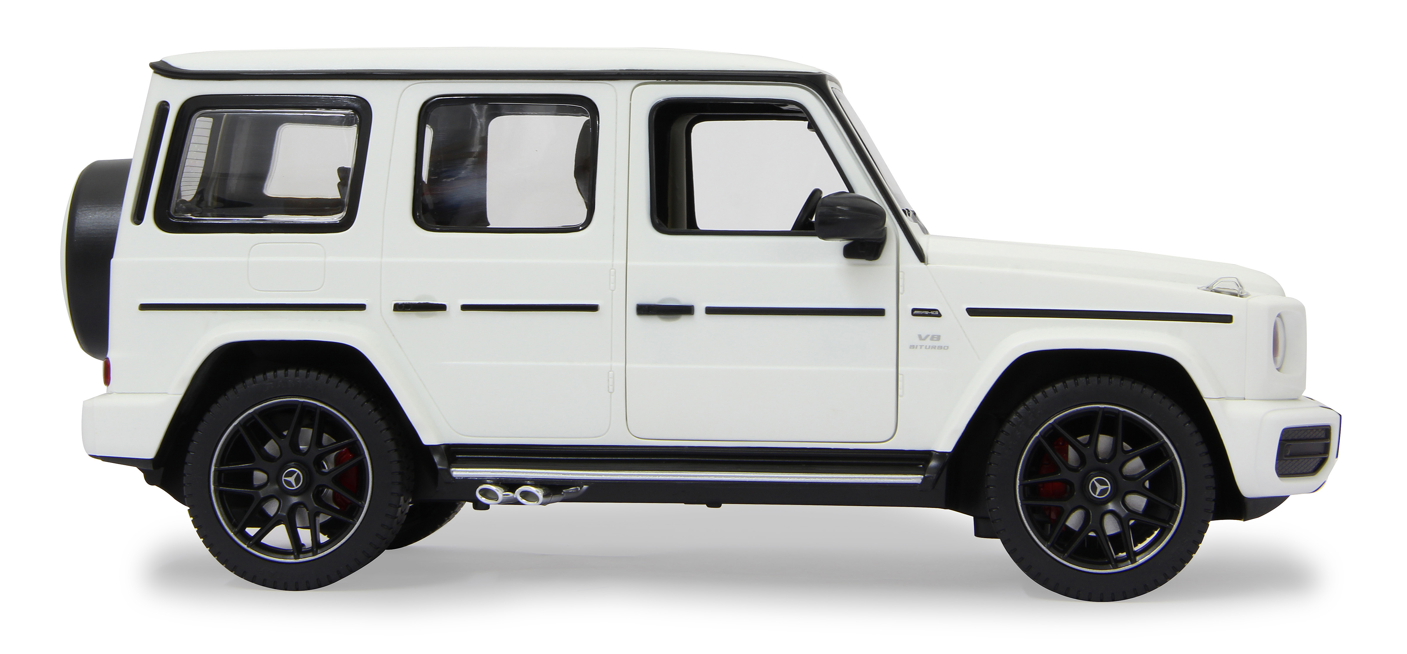Weißes Spielzeug Mercedes G-Wagon, Seitenansicht, schwarze Räder.