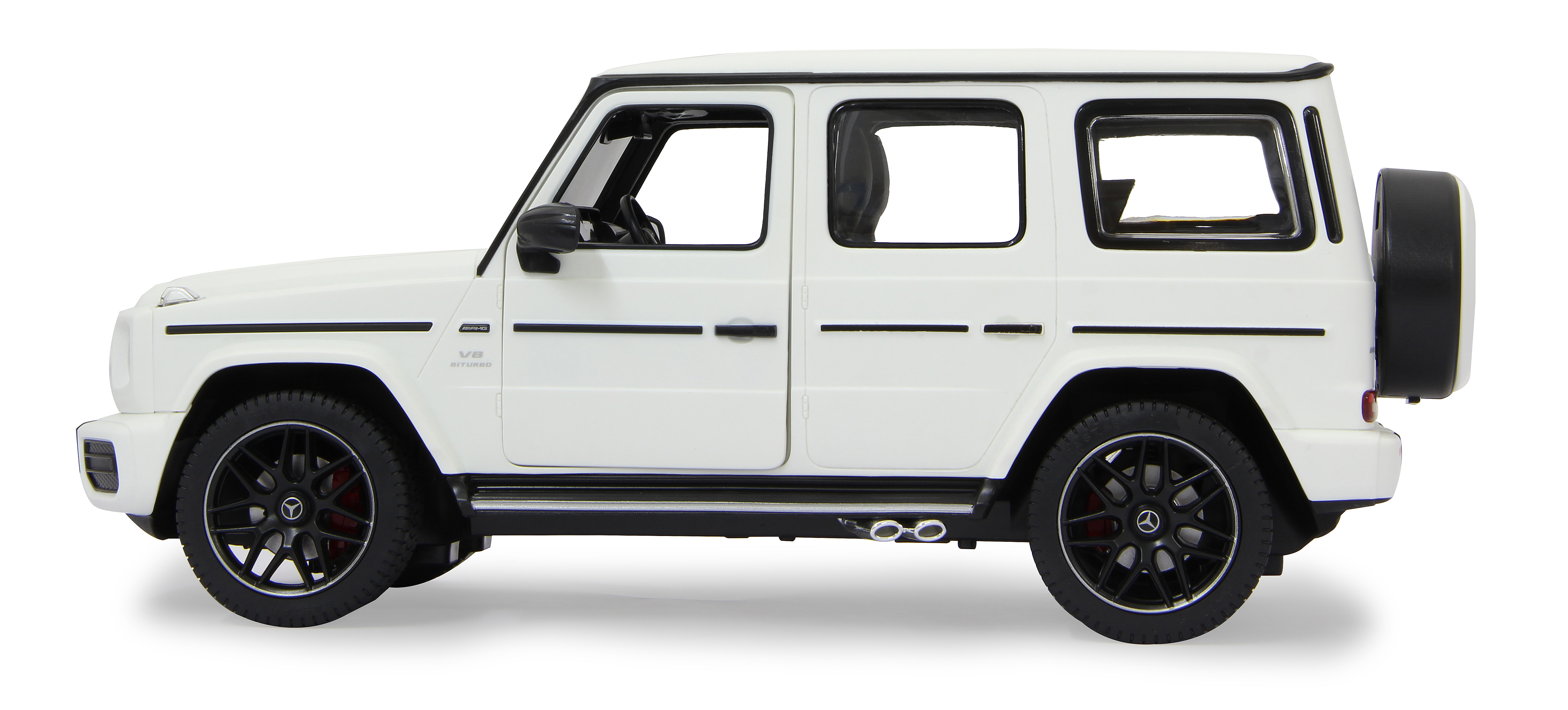 Weißes Spielzeug Mercedes G-Wagon Auto, Seitenansicht.