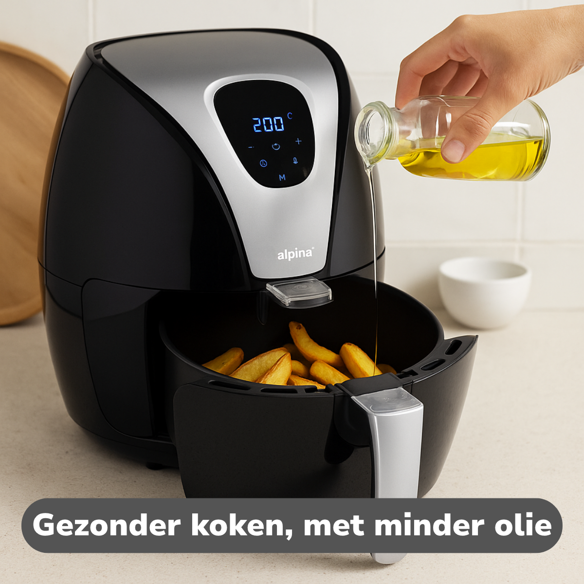 Air fryer with fries inside, someone pouring oil from a bottle.