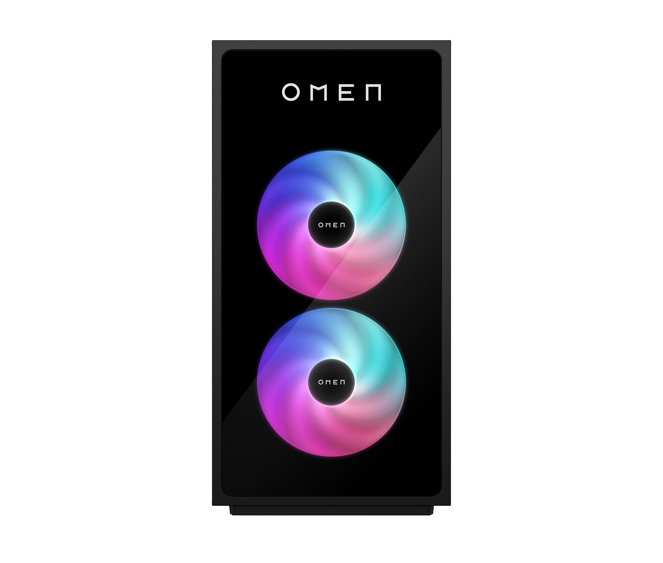 Schwarzer OMEN Gaming-PC mit zwei Frontlüftern, die mit bunten Lichtern beleuchtet sind, OMEN-Logo.