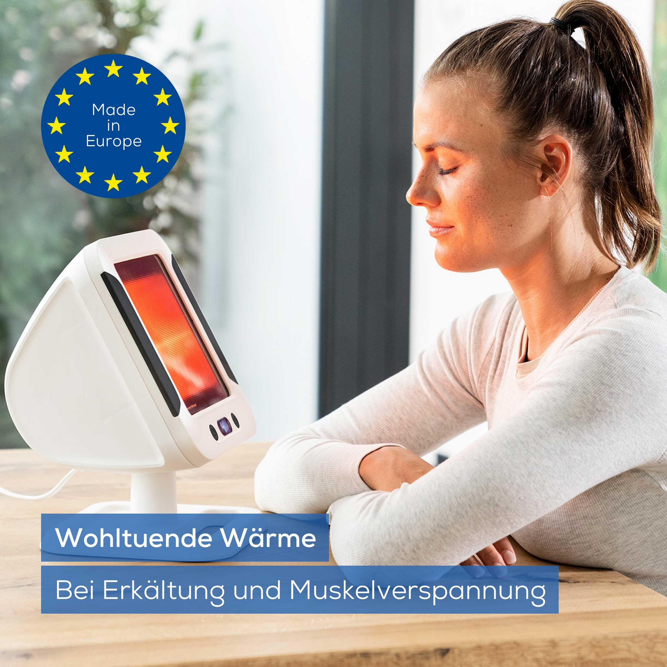 Woman using a white infrared lamp. Text: 'Made in Europe', 'Soothing warmth for colds and muscle tension'.