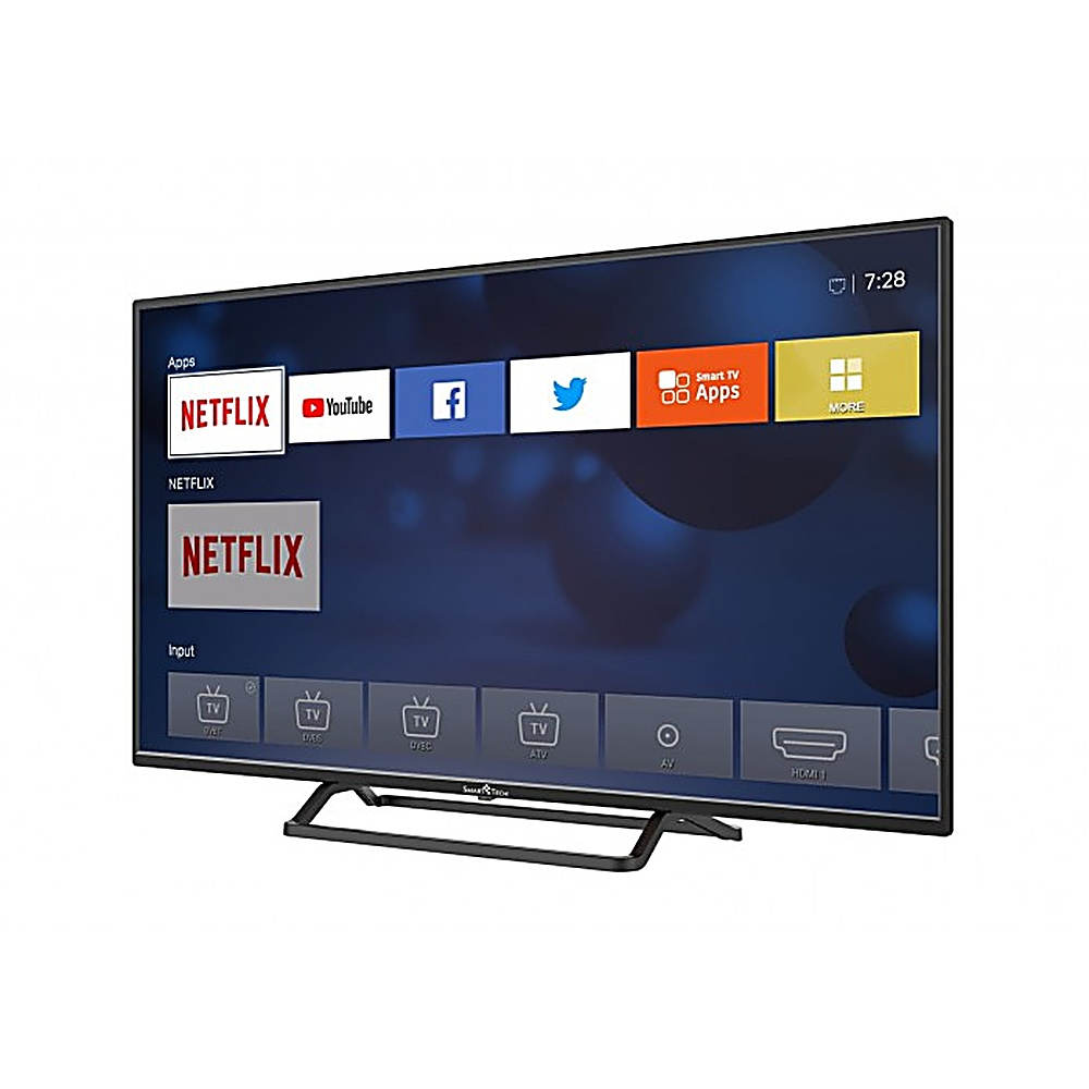 Un televisore a schermo piatto mostra un'interfaccia smart con icone di app come Netflix, YouTube e social media.