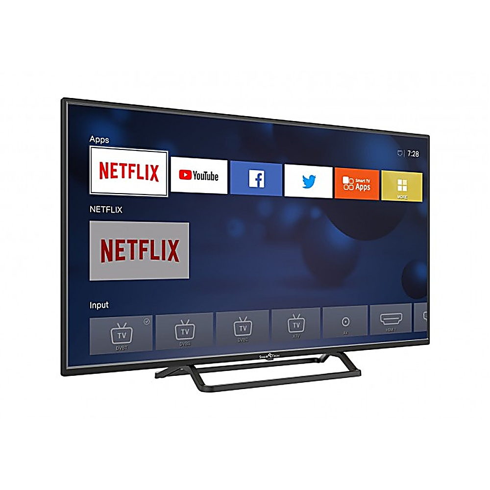 Un televisore a schermo piatto mostra un'interfaccia smart con icone di app come Netflix, YouTube e social media.