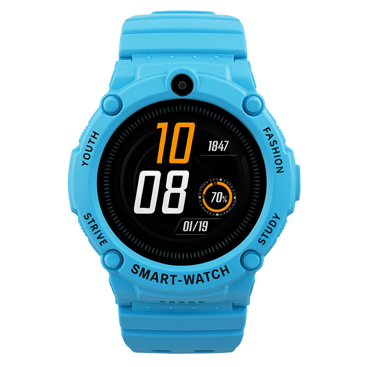 Niebieski smartwatch z czarnym ekranem wyświetlającym godzinę, datę i procent naładowania baterii.