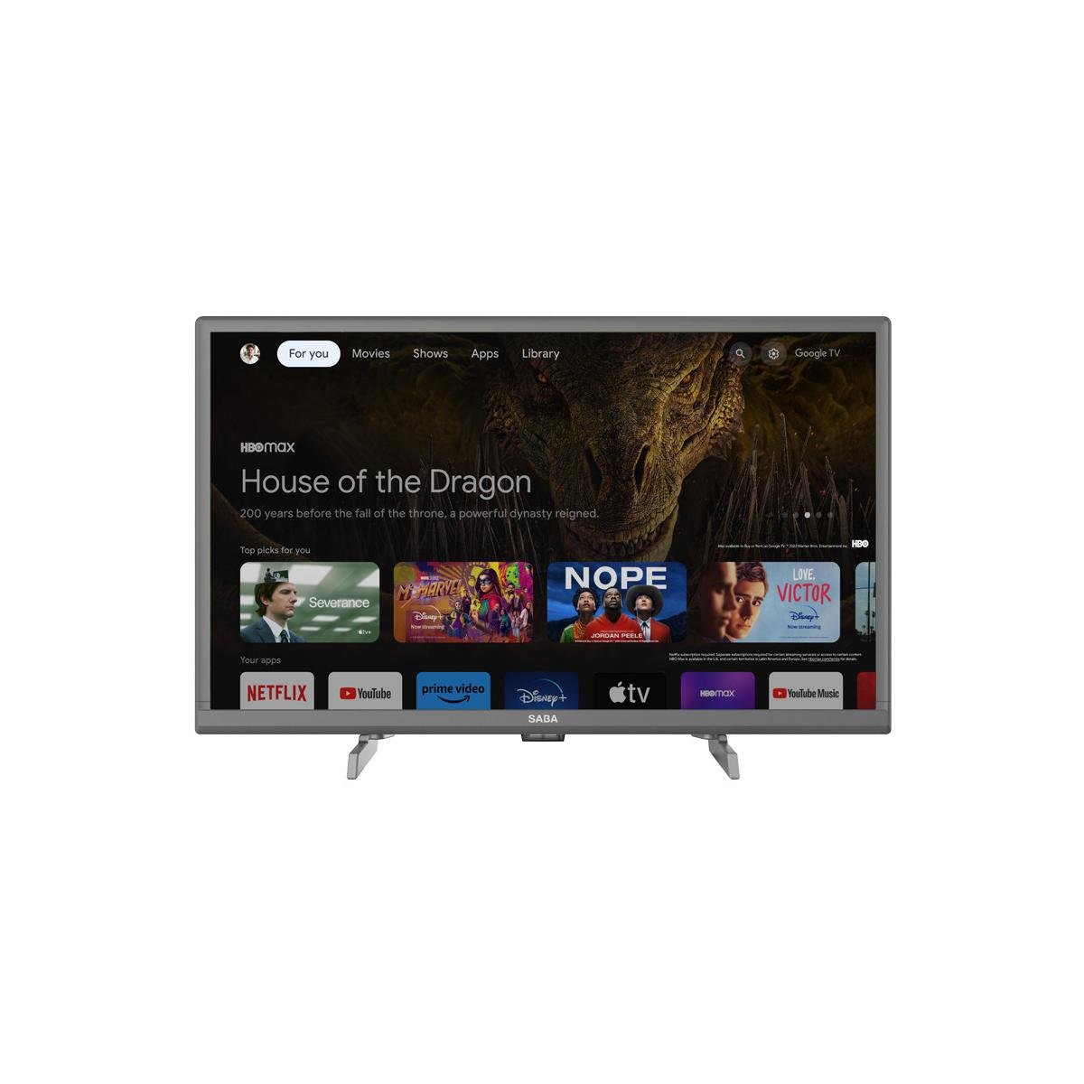 Uno schermo TV mostra un'interfaccia di Google TV, con icone di app e un titolo di programma.