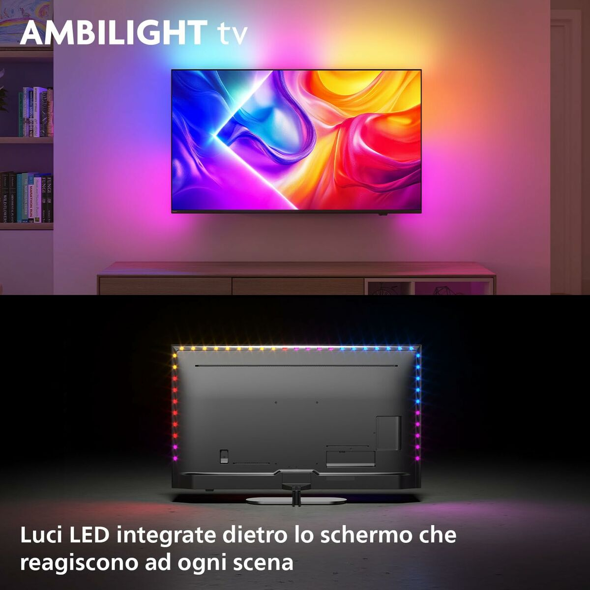 Una TV mostra un'immagine colorata. Il retro della TV mostra luci LED sui bordi.
