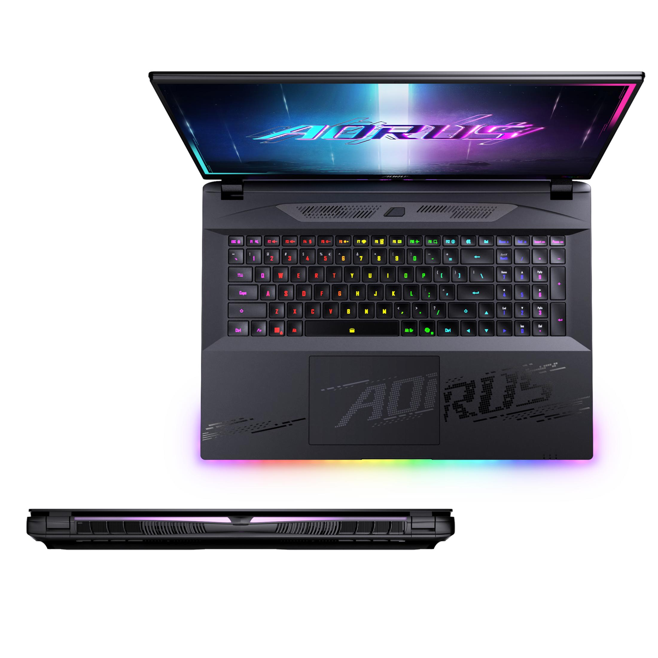 Schwarzer AORUS-Laptop, Draufsicht, offen. Die Tastatur und das Touchpad sind sichtbar. Die Tastatur ist mehrfarbig beleuchtet.