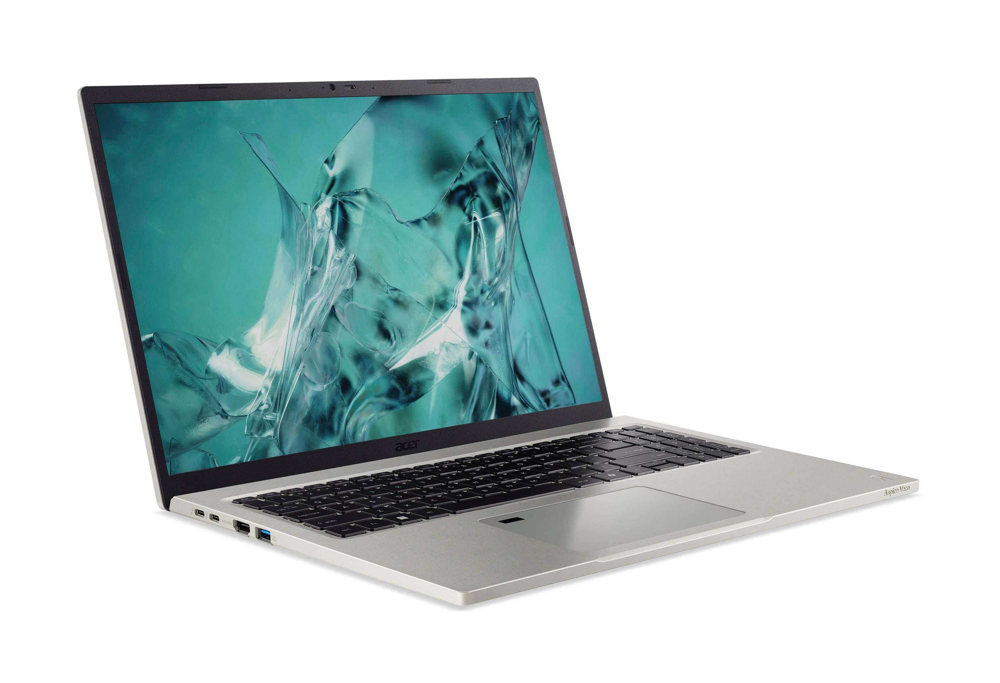 Silberner Acer-Laptop, offen, mit grünem Logo auf dem Bildschirm. Der Bildschirm zeigt das Wort 'acer' und 'Aspire Vero'.