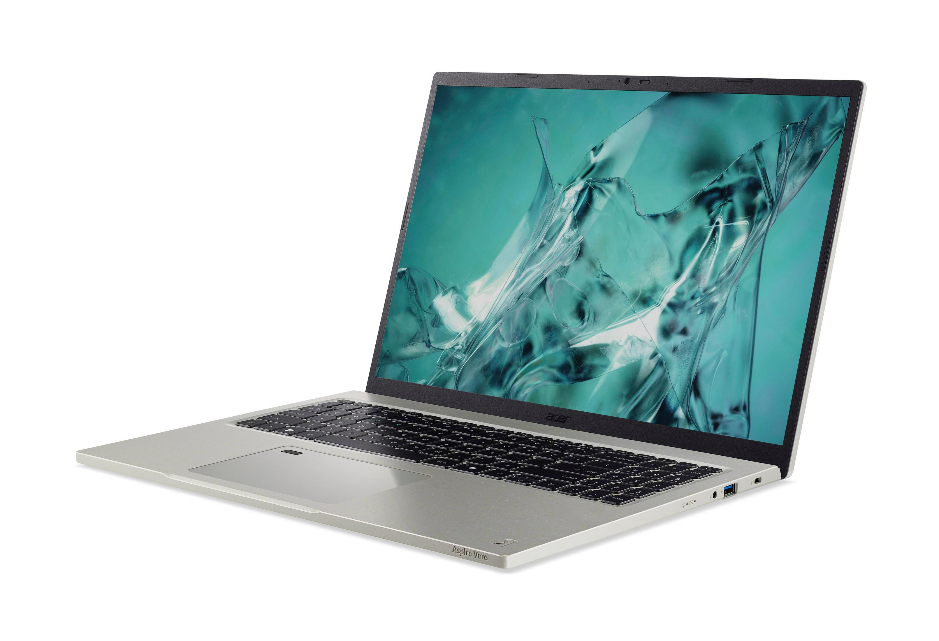 Silberner Acer-Laptop, offen, mit grünem Logo auf dem Bildschirm. Der Bildschirm zeigt das Wort 'acer' und 'Aspire Vero'.