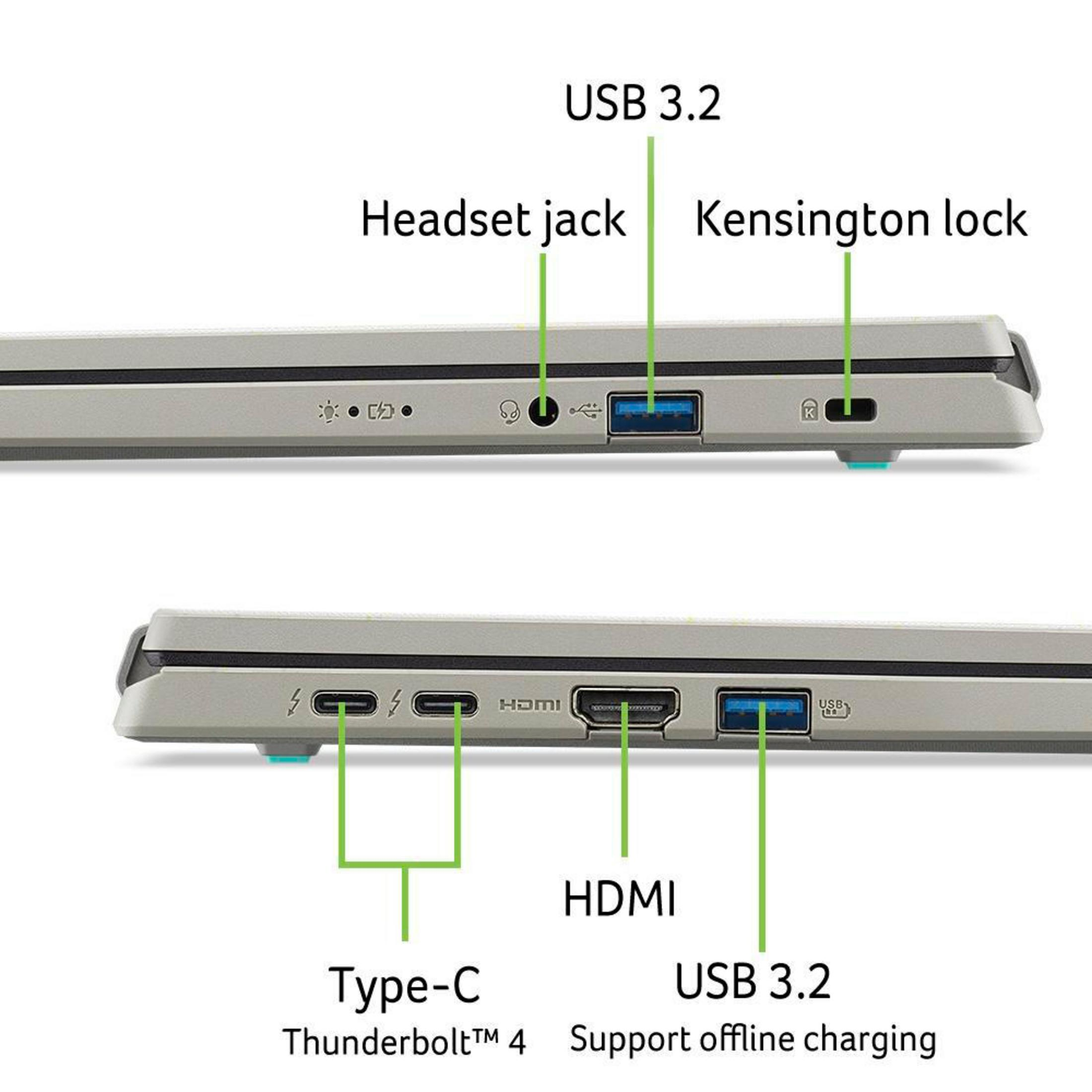 Nahaufnahme der Laptopseite mit Anschlüssen: USB 3.2, Kopfhöreranschluss, Kensington-Schloss und Typ-C.