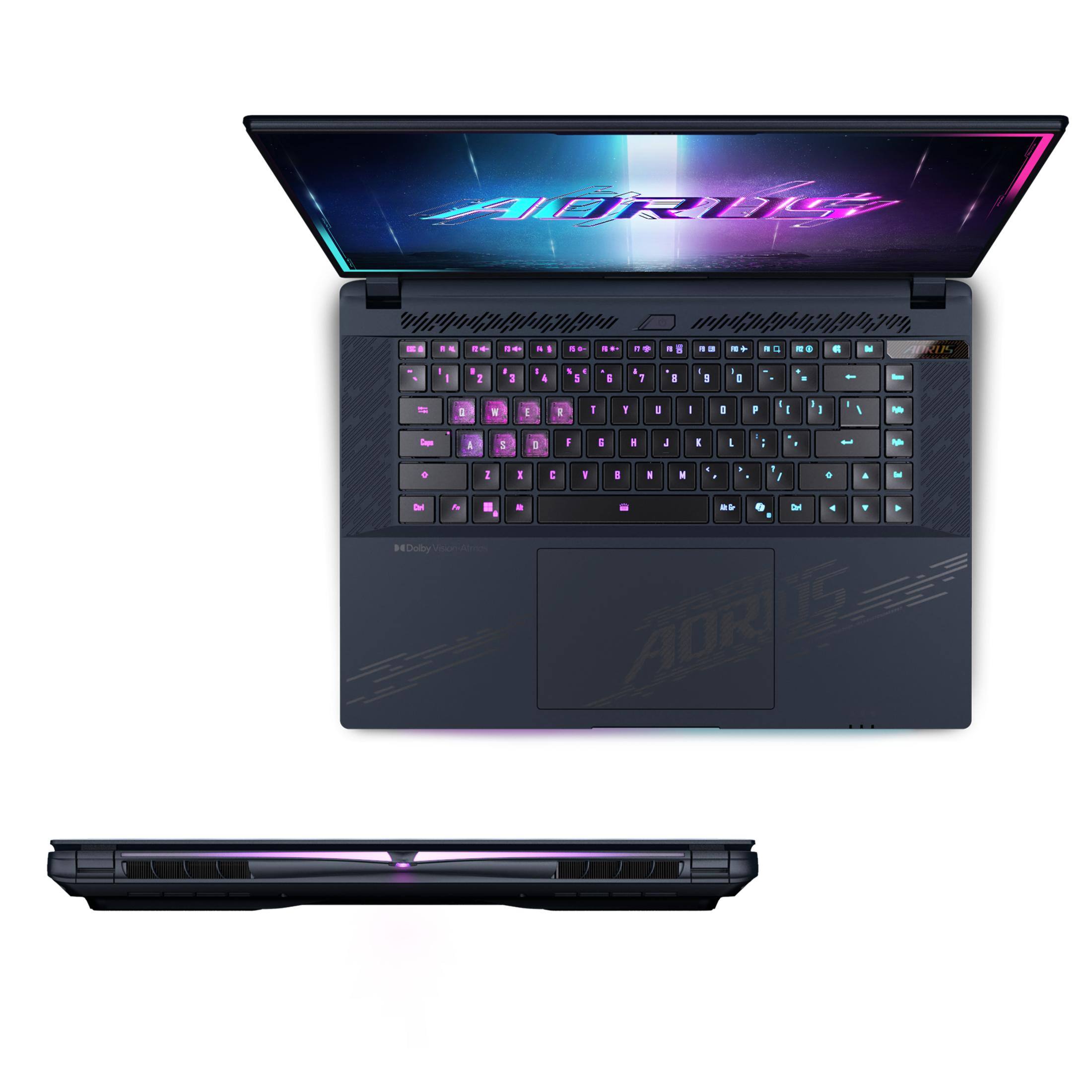 Czarny laptop z otwartym ekranem, pokazującym kolorową klawiaturę. Na dole znajduje się logo Aorus.