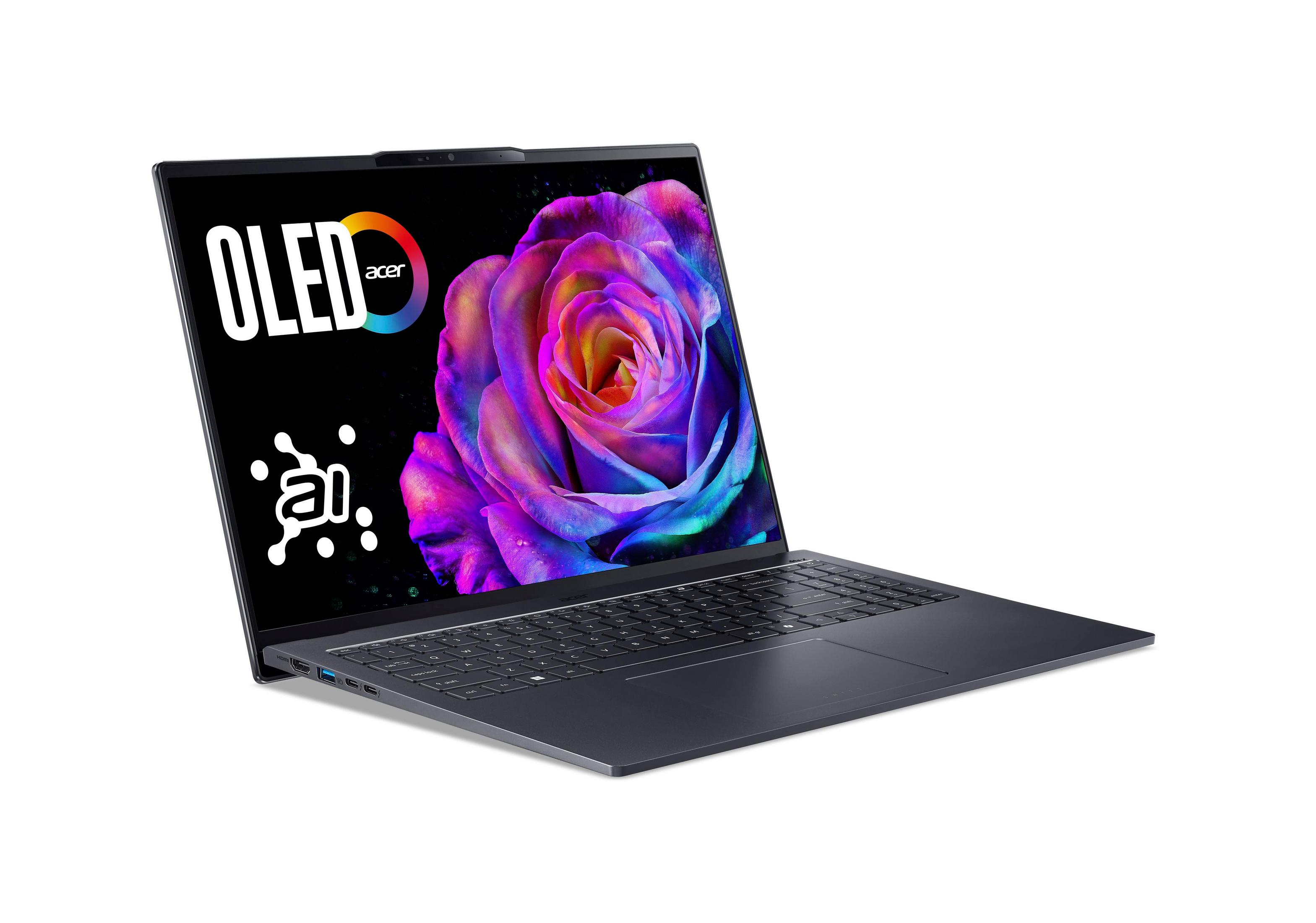 Ciemny laptop z ekranem OLED, pokazujący różę z tekstem: OLED, Acer, ai.