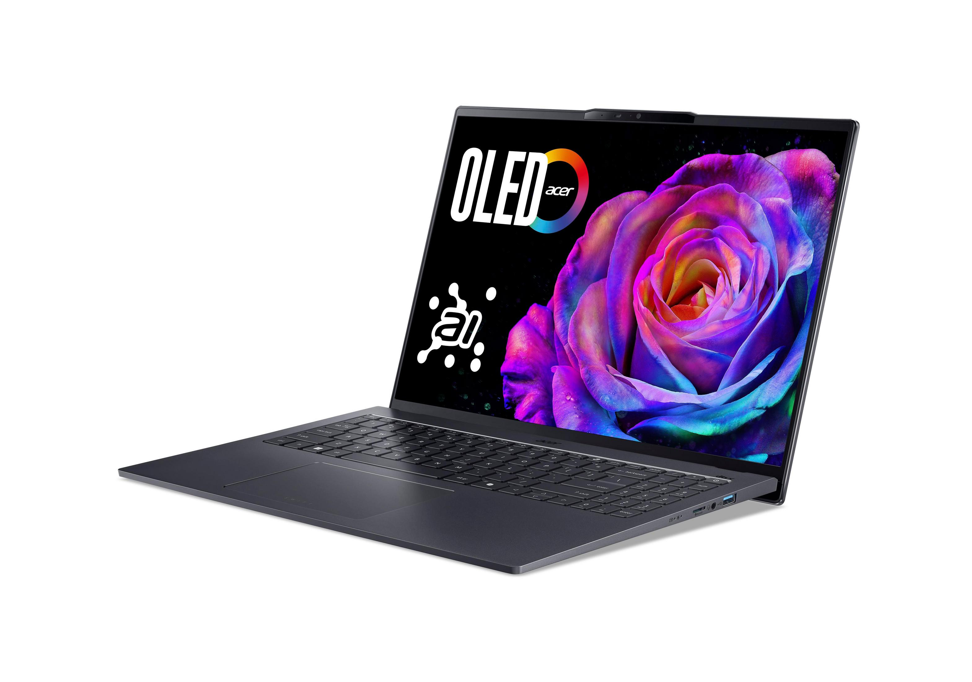 Ciemny laptop z ekranem OLED pokazujący różę i tekst: OLED, Acer, ai. Białe tło.