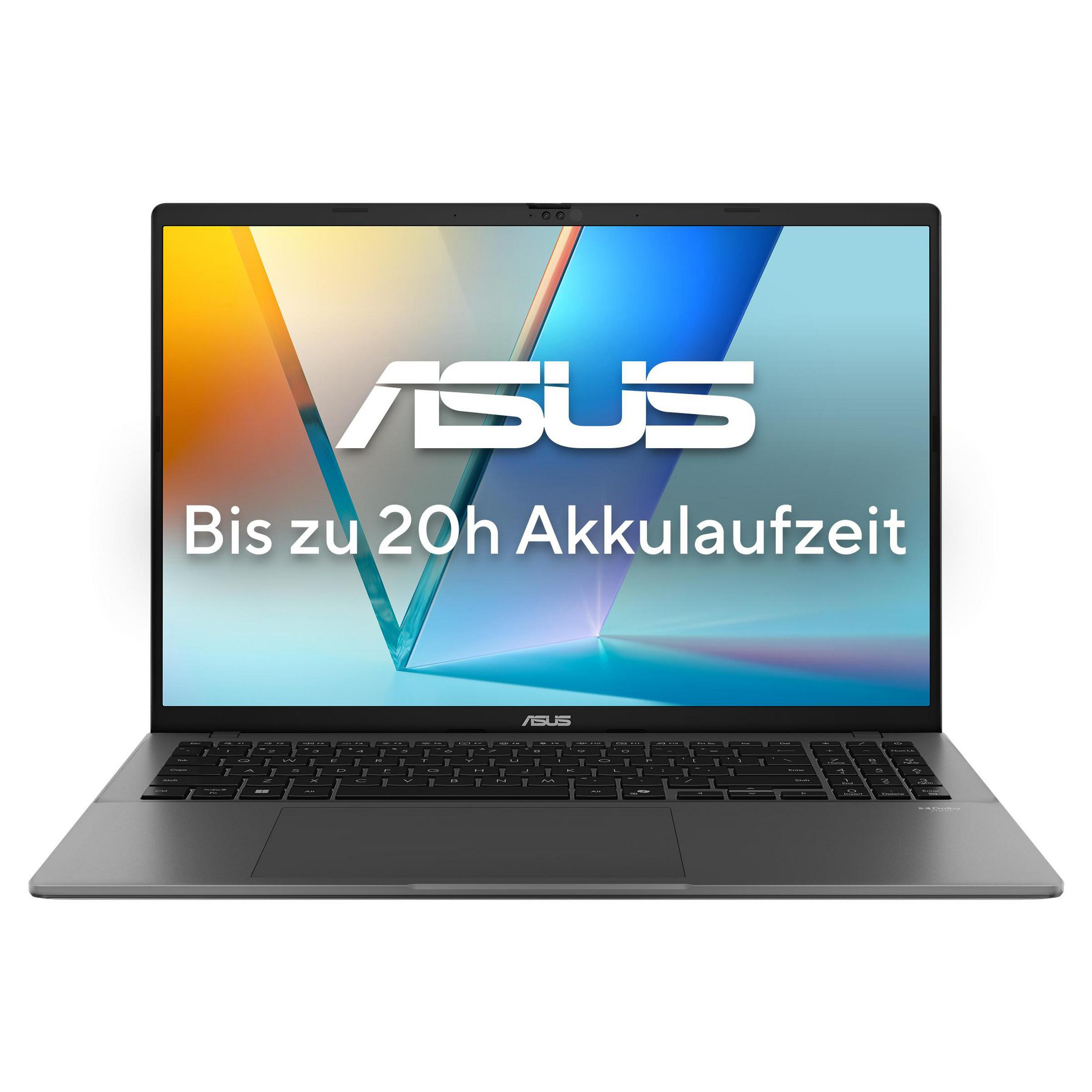 Silberner ASUS-Laptop geöffnet, Bildschirm zeigt Text. Hintergrund ist weiß.