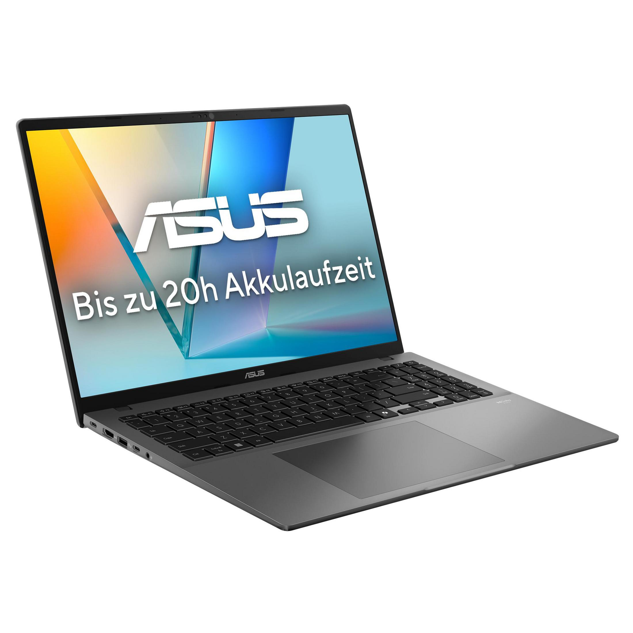 Silberner ASUS-Laptop, Winkelansicht, Bildschirm zeigt Bilder. Weißer Hintergrund.