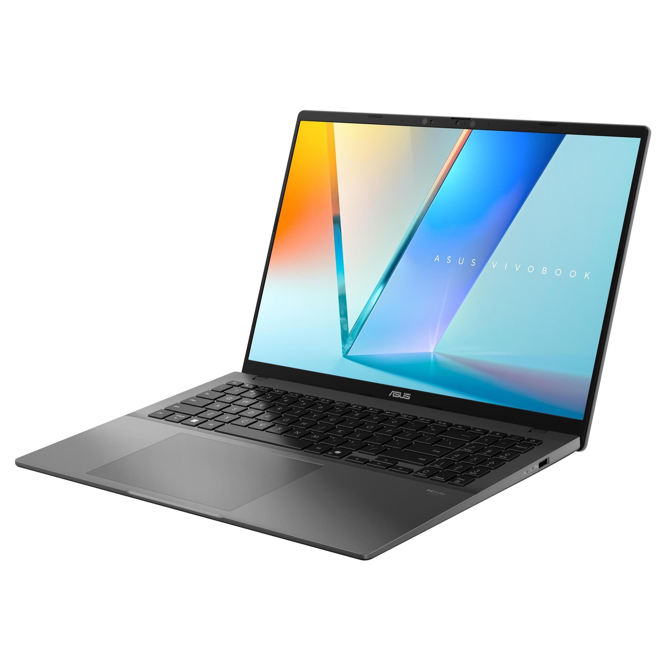 Silberner ASUS-Laptop, Winkelansicht, Bildschirm zeigt Bilder. Weißer Hintergrund.