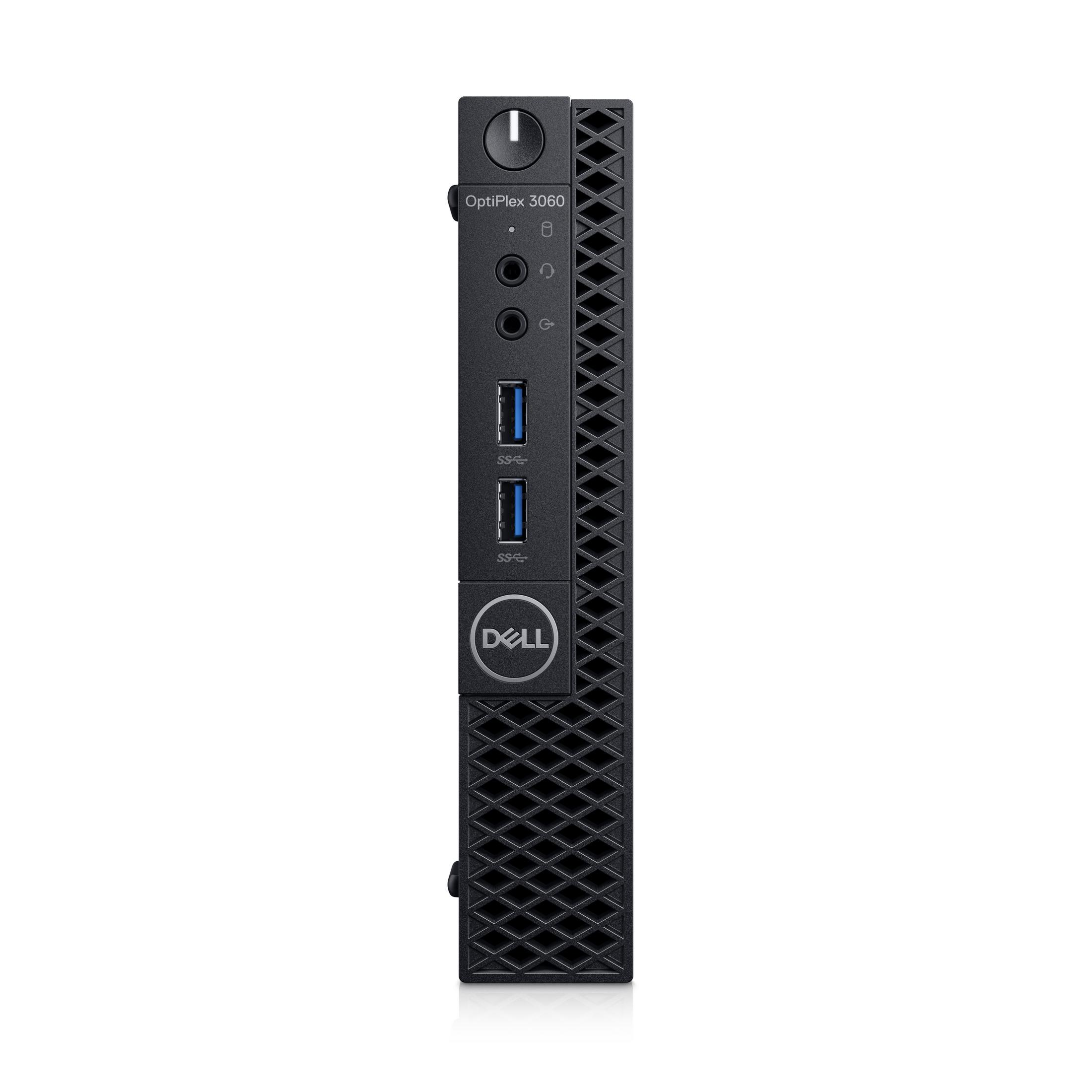 Un petit ordinateur Dell OptiPlex 3060 noir. L'avant comporte des ports et un logo Dell. Bords arrondis.