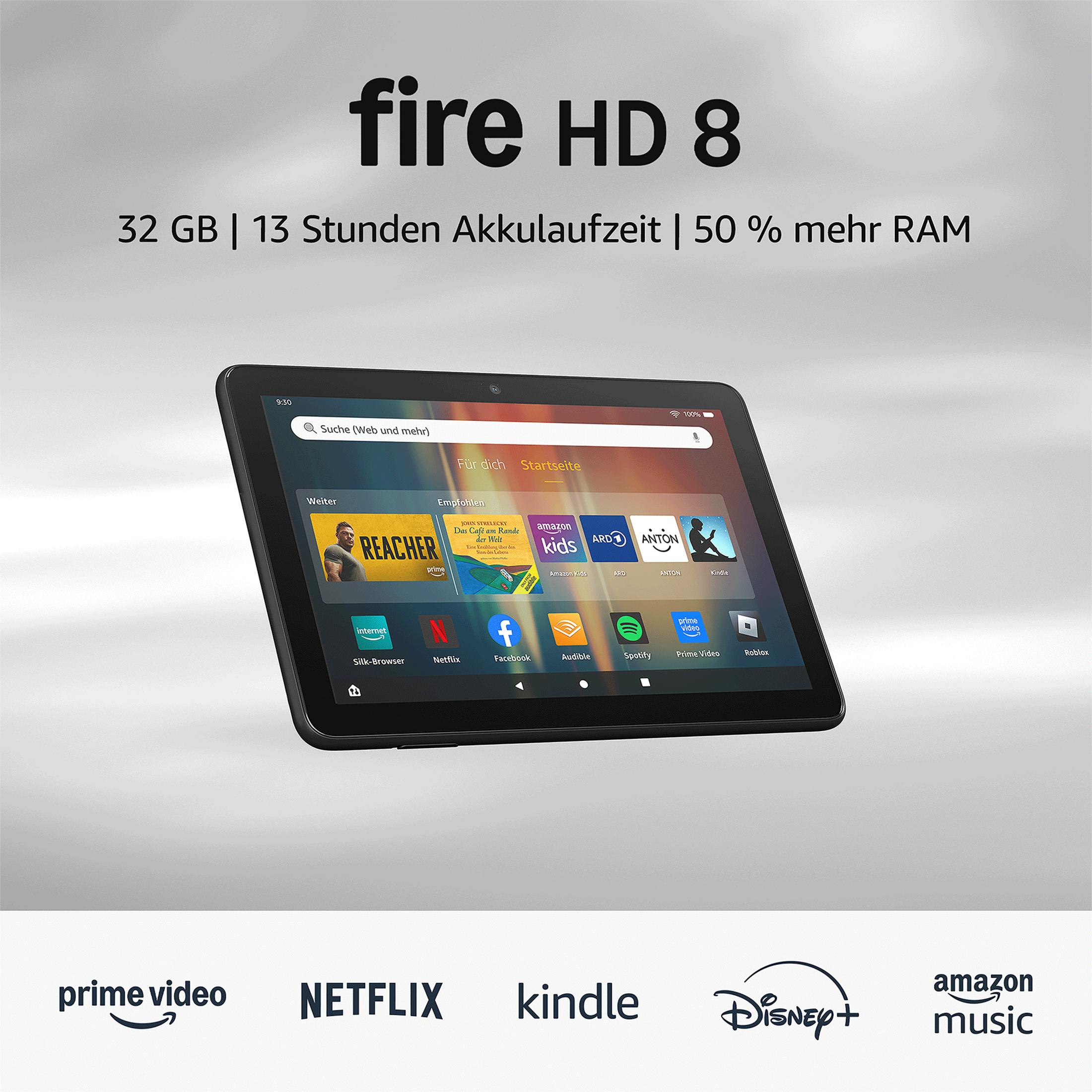 Tablet mit Text: Fire HD 8, Spezifikationen und Logos für Prime Video, Netflix, Kindle, Disney+ und Amazon Music.