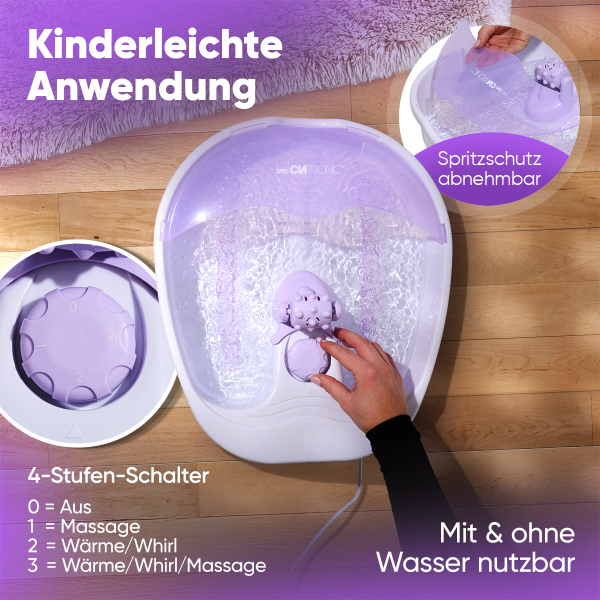 Spa do stóp z wodą, fioletową figurką i panelem sterowania. Obraz zawiera tekst w języku niemieckim o funkcjach spa.