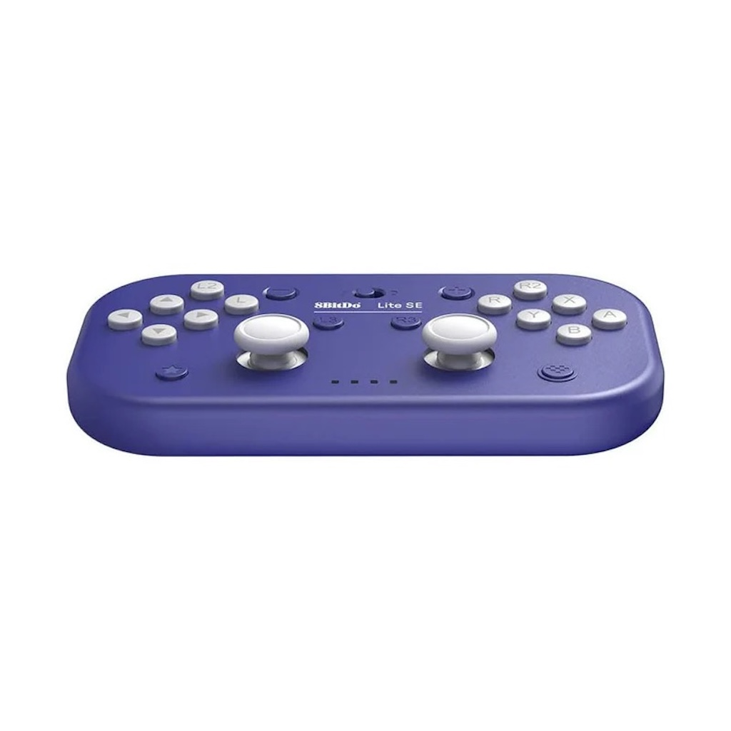 Un controller gamepad blu con joystick e pulsanti bianchi. Ha un design liscio e arrotondato su uno sfondo bianco.