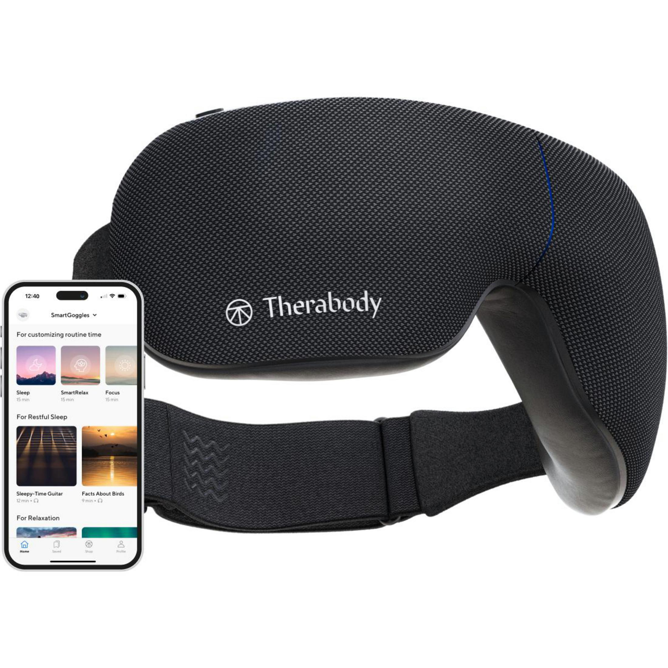 Máscara de ojos Therabody junto a un smartphone que muestra interfaces de aplicaciones. El fondo es neutro.