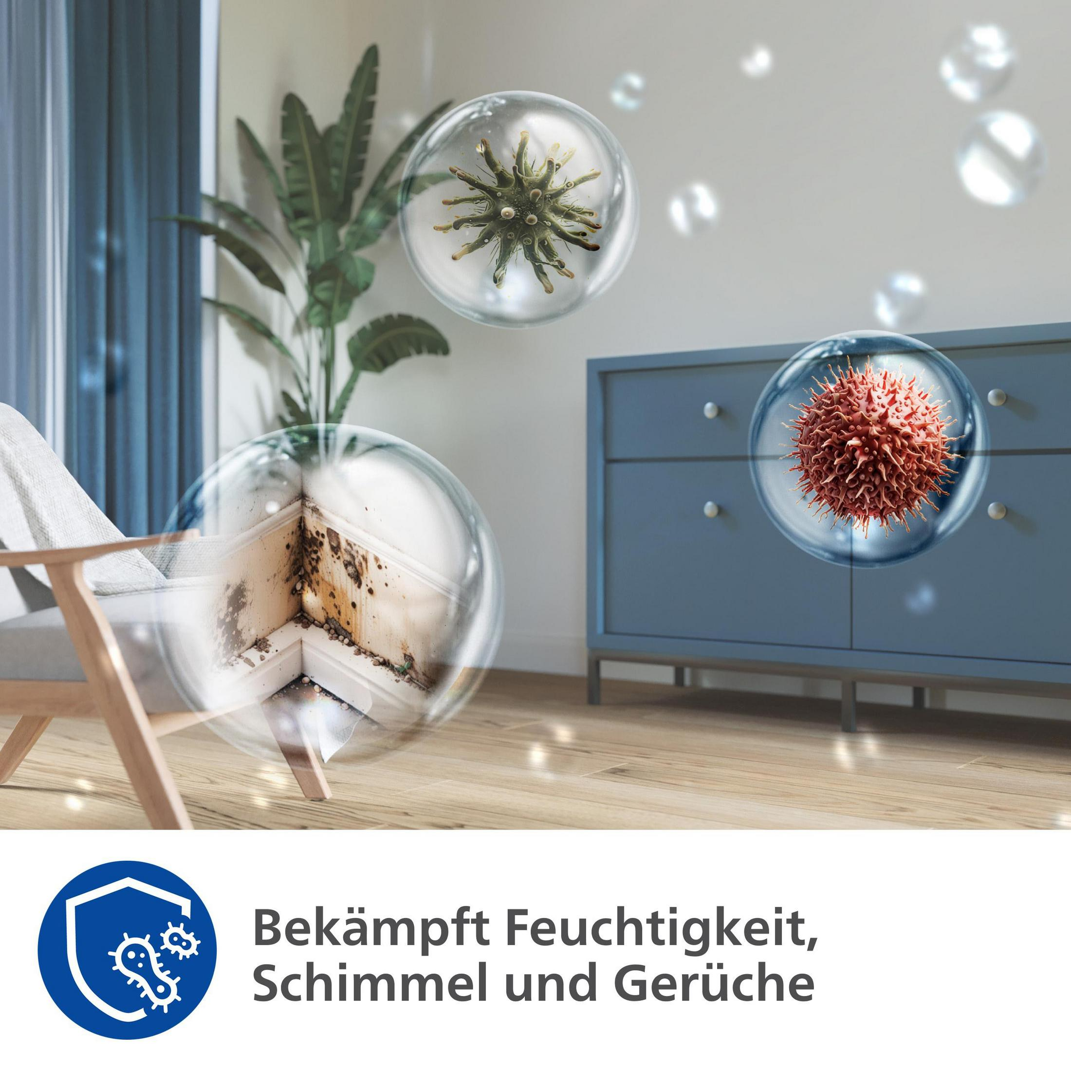 Ilustracja sfer z pleśnią, zarazkami i niebieską szafką.