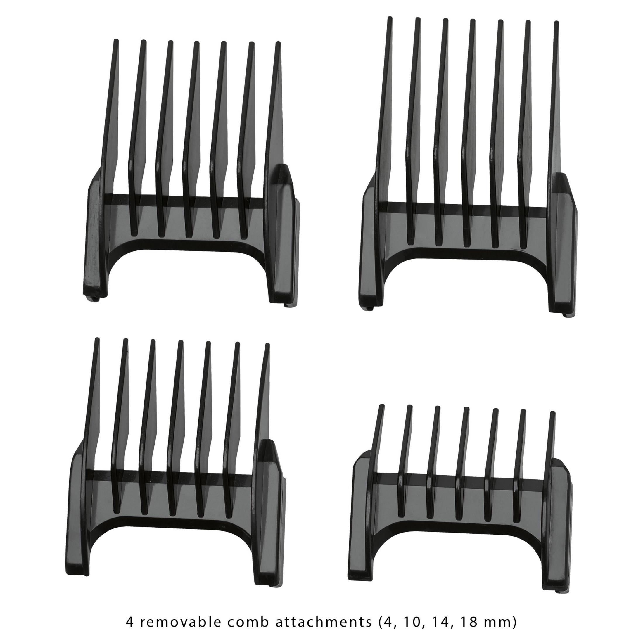 Cztery czarne nasadki grzebieniowe o różnych rozmiarach do maszynki do włosów, ułożone w kwadrat.