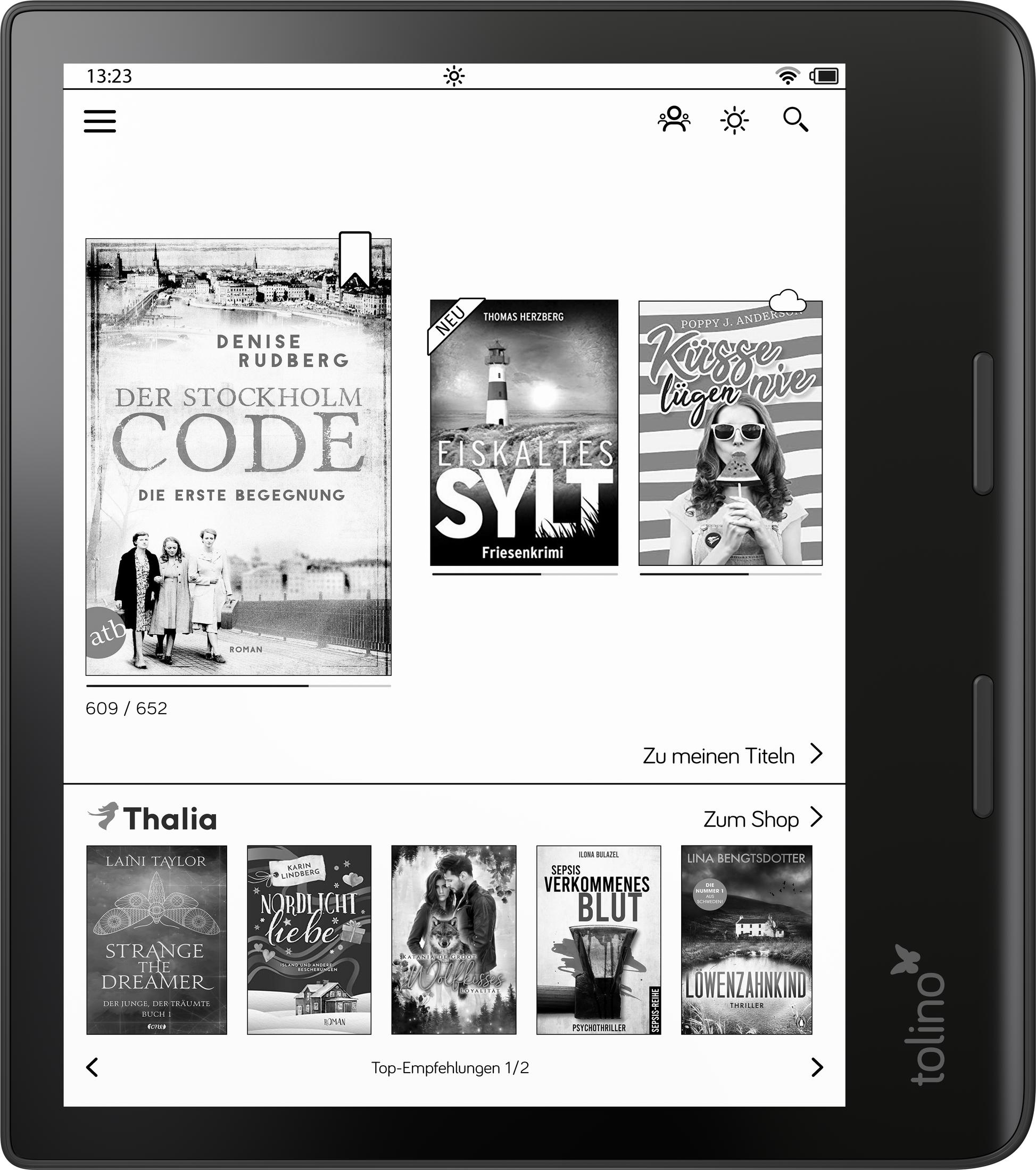 Czytnik e-booków wyświetlający okładki książek. U góry: Menu, światło, użytkownik, ikony wyszukiwania. Na dole: Tytuły książek. Czarne urządzenie.