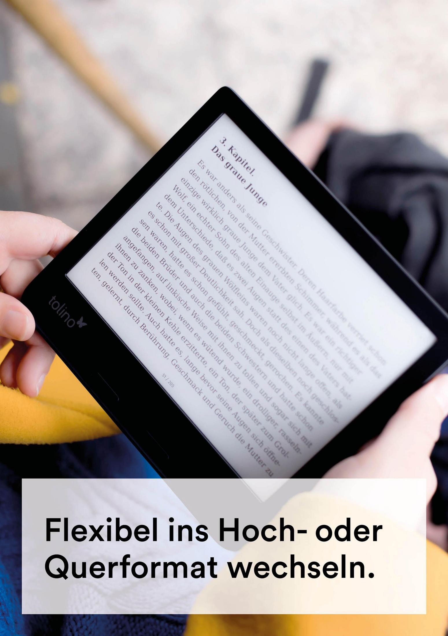 Ręce trzymające czytnik e-booków. Tekst na ekranie i na dole: Elastyczne w trybie poziomym lub pionowym.