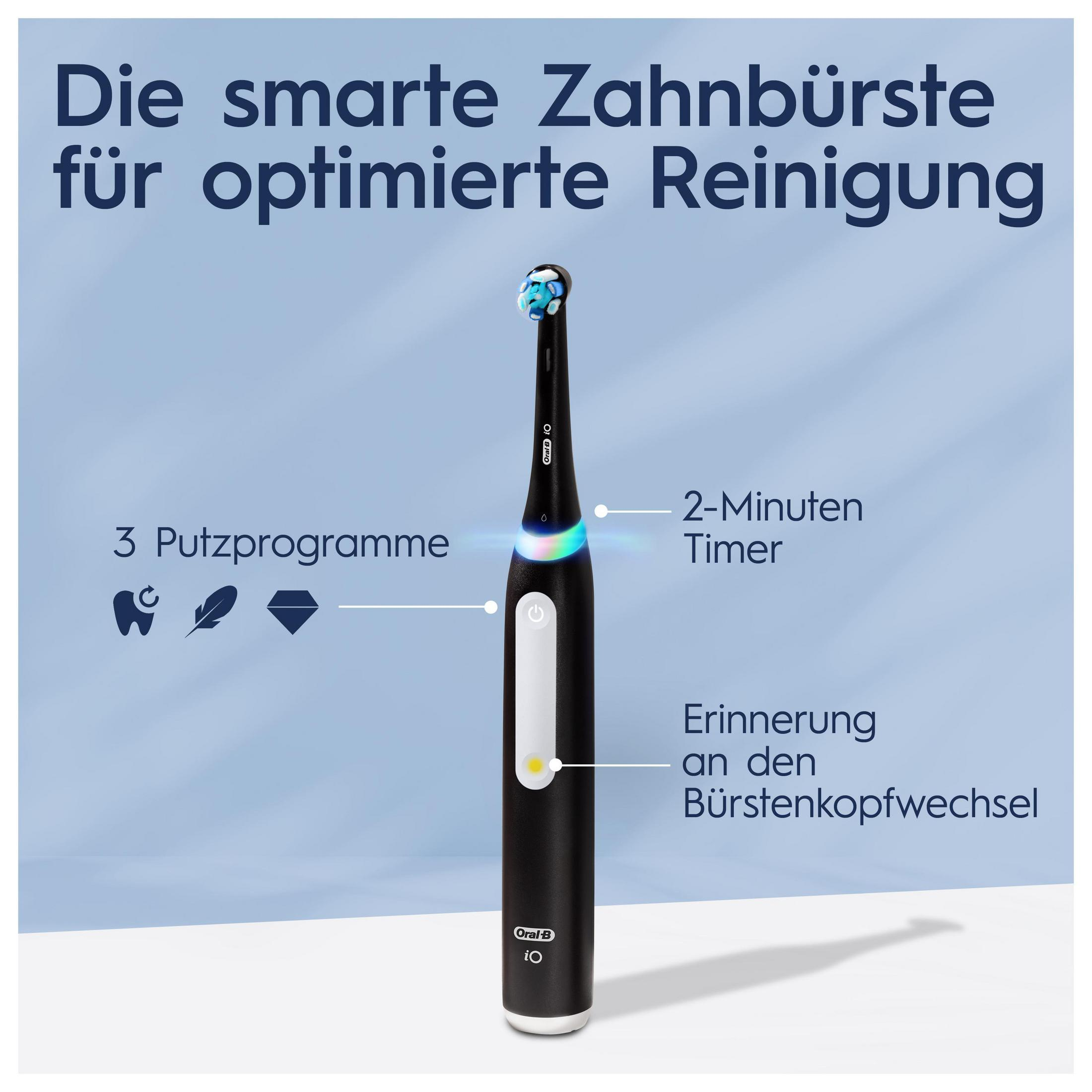 Schwarze elektrische Zahnbürste mit hervorgehobenen Funktionen, Text auf Deutsch. 3 Reinigungsmodi.