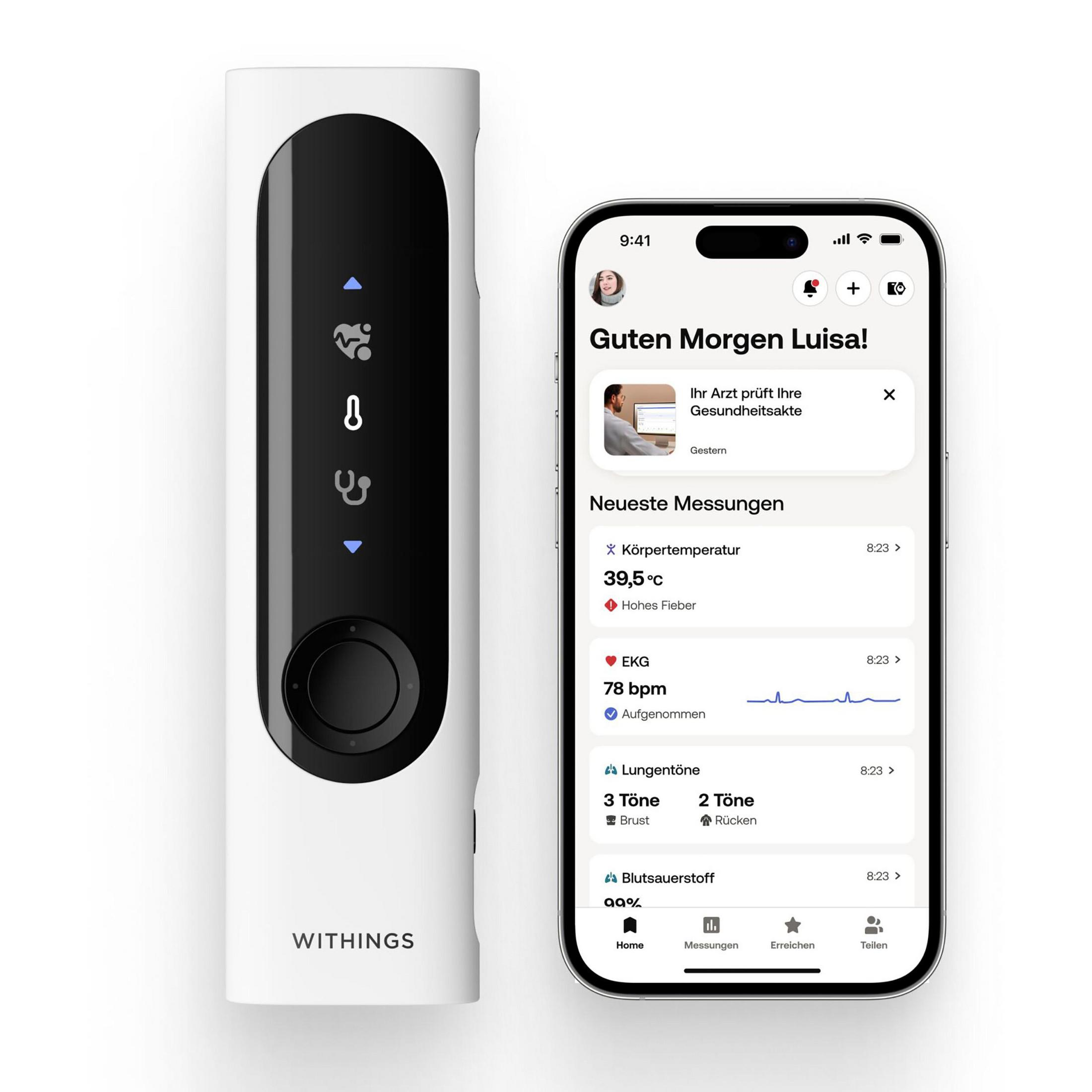 Białe urządzenie Withings obok ekranu smartfona z danymi zdrowotnymi.