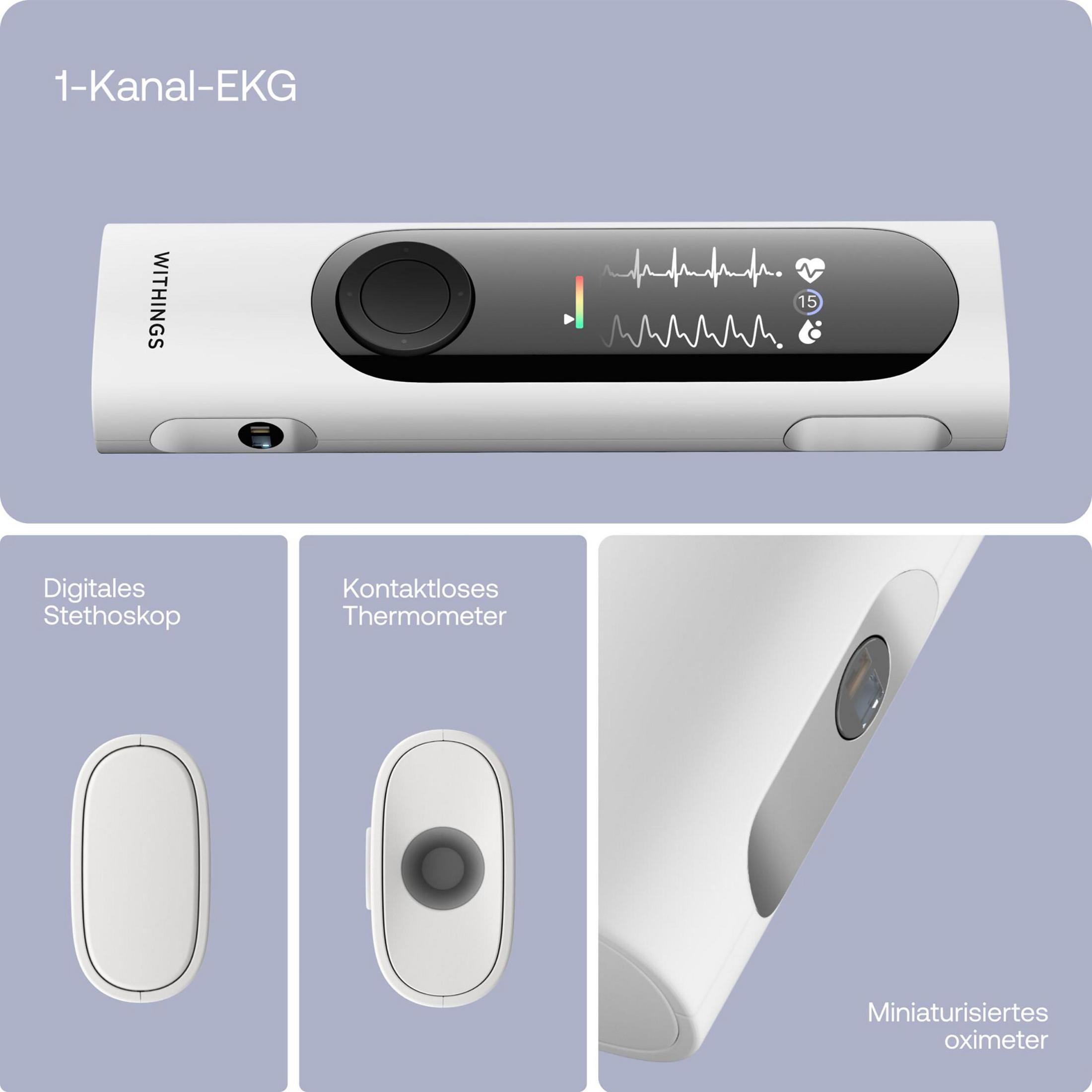 Obraz produktu przedstawiający urządzenie Withings i jego funkcje, z etykietami i diagramami.