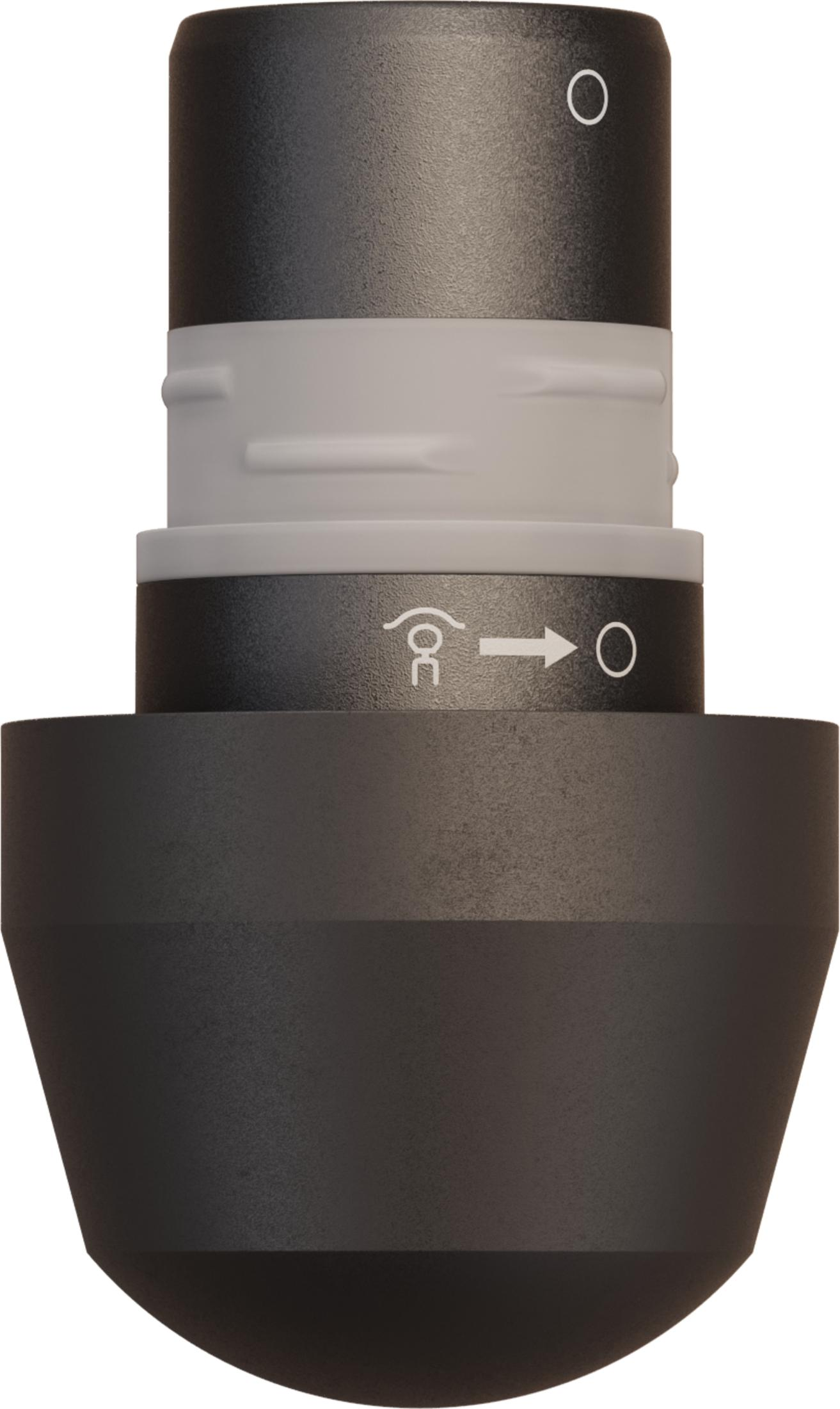 Zbliżenie ciemnoszarego mocowania do masażu, z zaokrąglonym końcem i szarymi i białymi detalami.