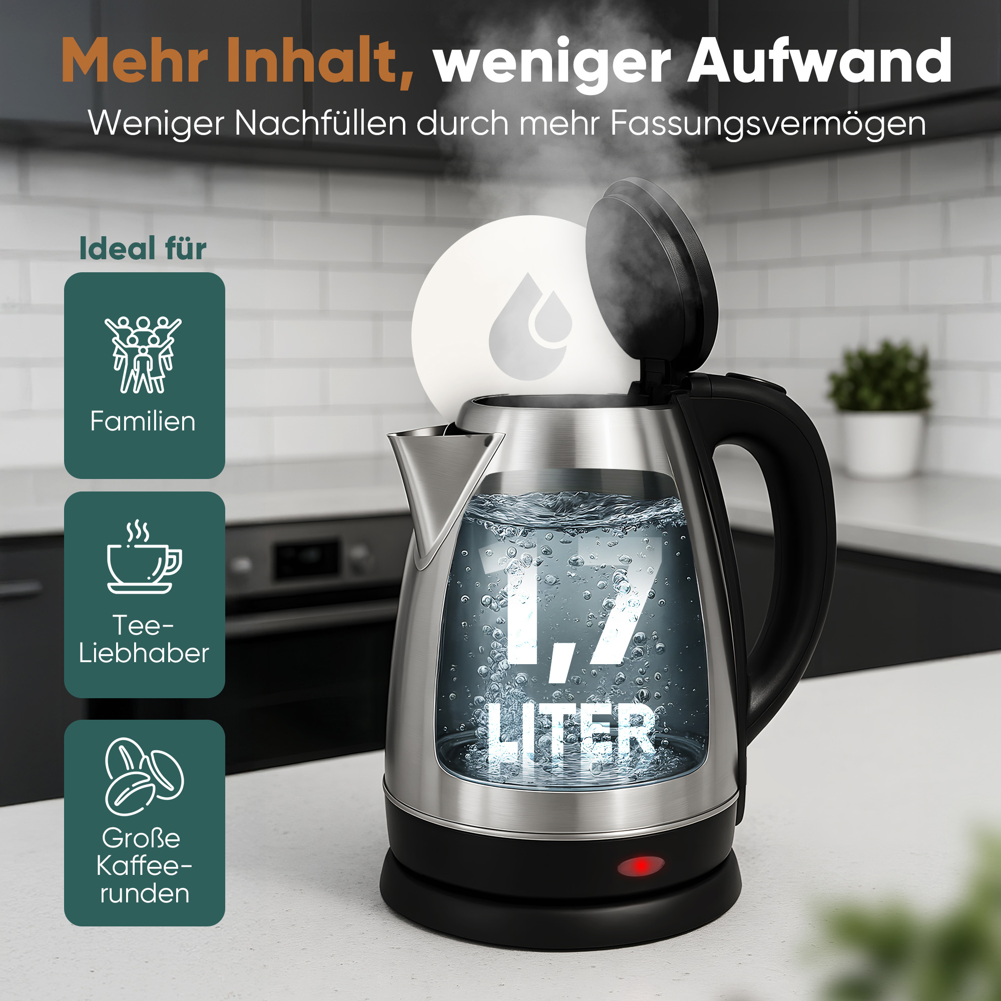 Silberner Wasserkocher mit 1,7 Liter Fassungsvermögen, mit Wasser. Icons für Familie, Tee, Kaffee.