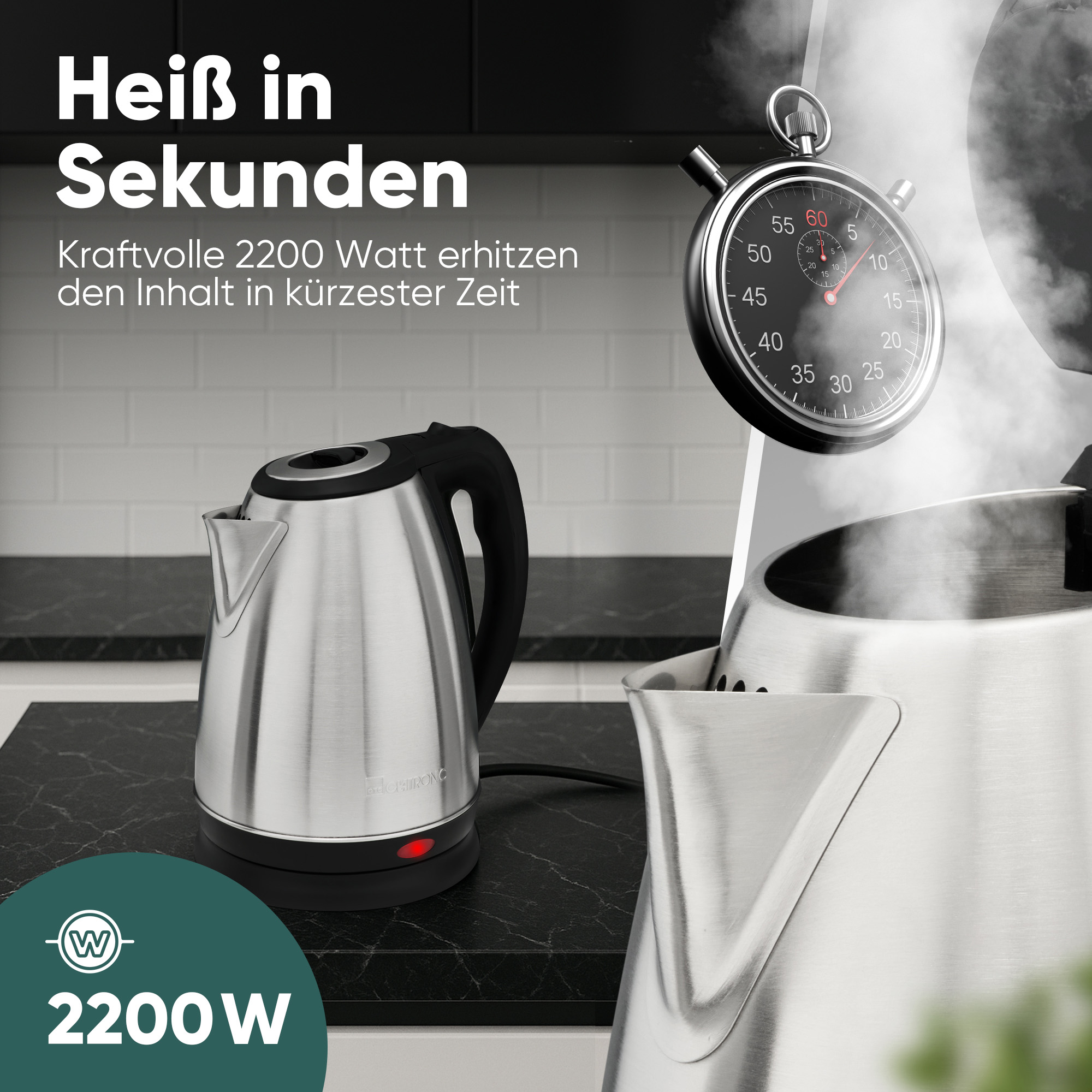 Elektrischer Wasserkocher mit Stoppuhr. Der Wasserkocher ist silber und schwarz.