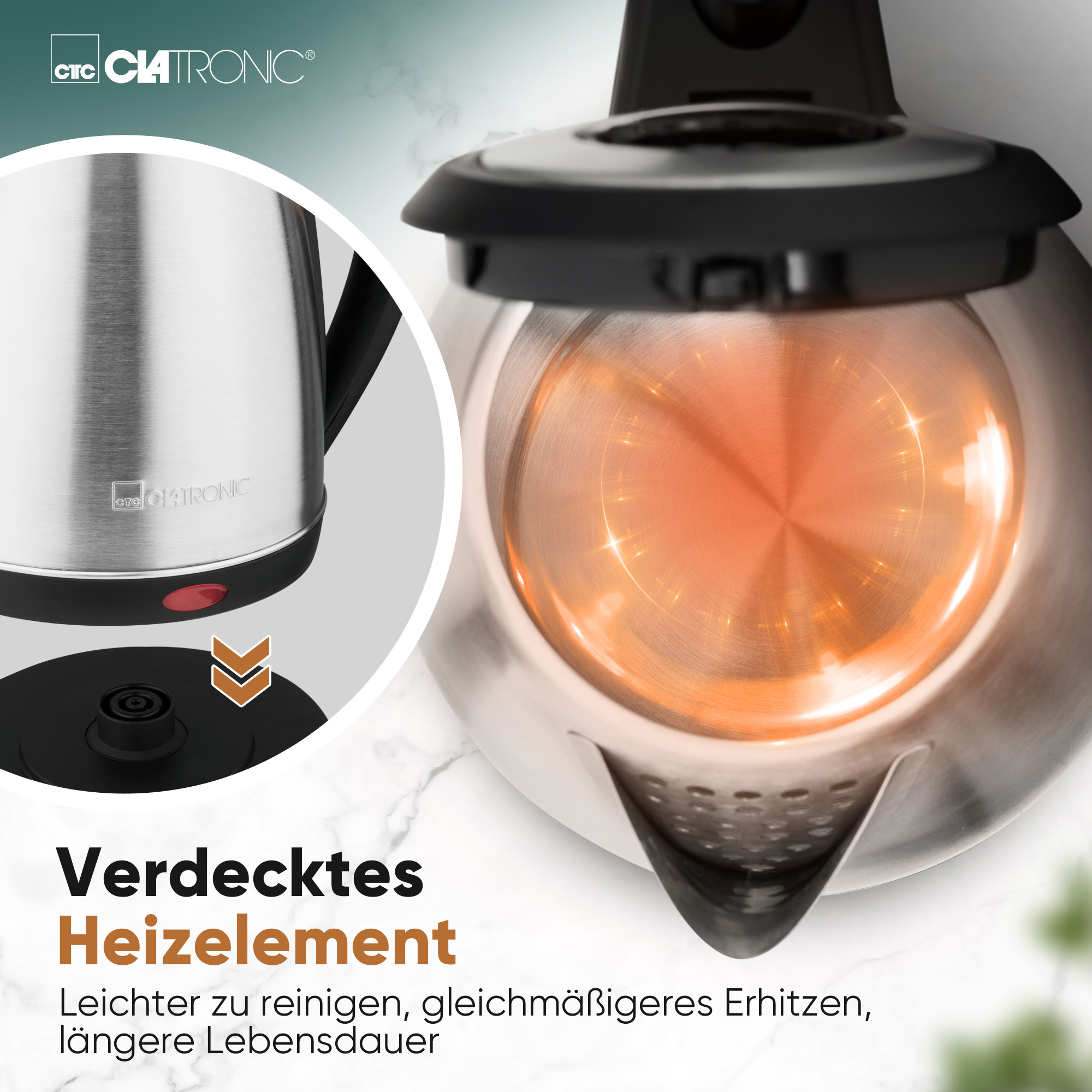 Nahaufnahme eines silbernen Wasserkochers mit Heizelement. Schwarzer Sockel mit roter Anzeige.