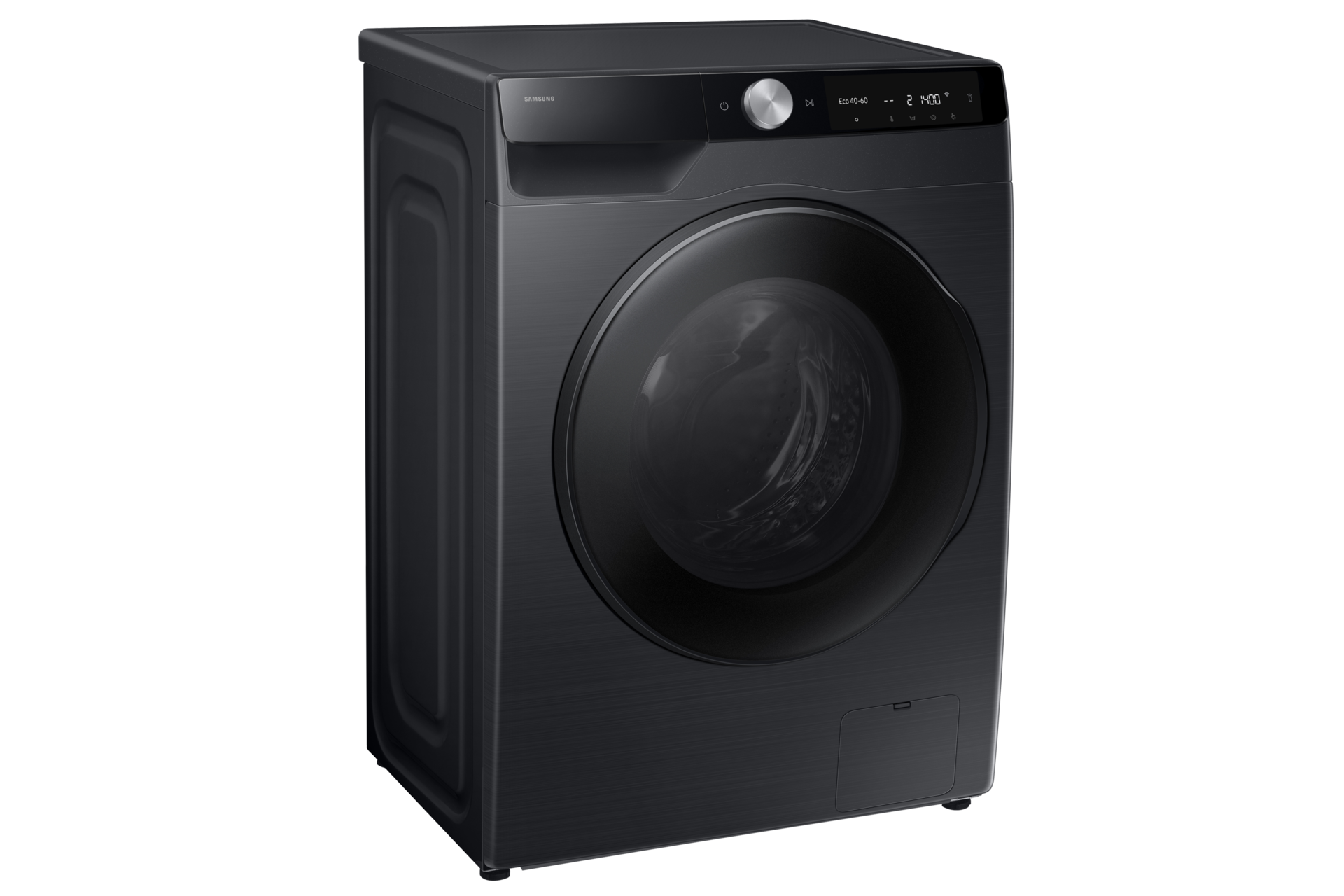 Eine schwarze Samsung Waschmaschine, Vorderansicht, auf schwarzem Hintergrund.