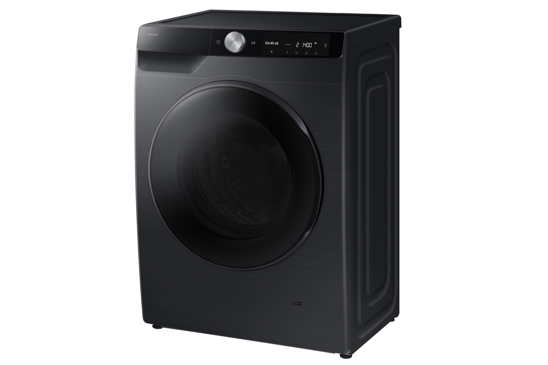 Eine schwarze Samsung Waschmaschine, schräge Ansicht, auf schwarzem Hintergrund.