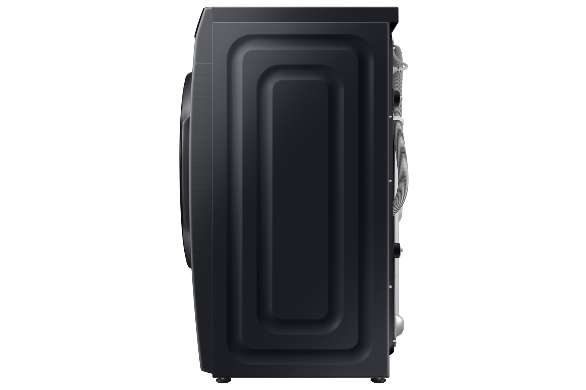 Seitenansicht einer schwarzen Samsung Waschmaschine auf schwarzem Hintergrund.