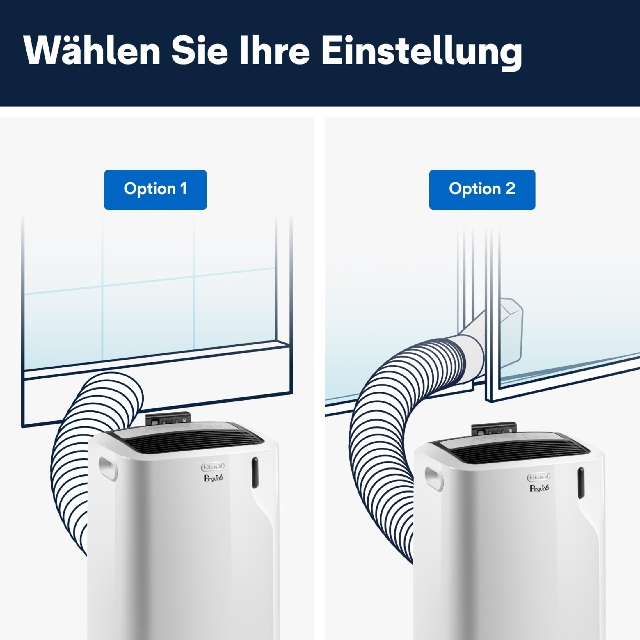 Due opzioni per l'installazione di un condizionatore, una con kit finestra, l'altra con tubo.