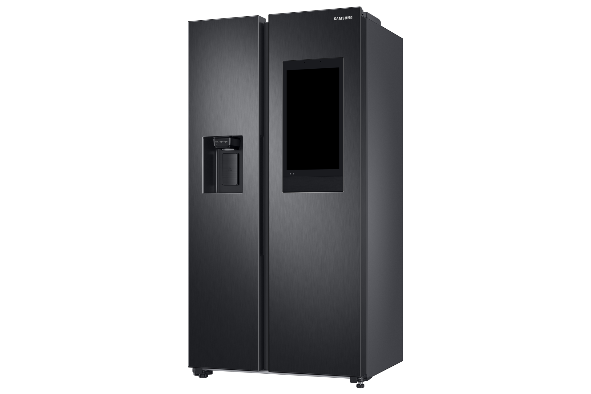 Czarna lodówka Samsung z ekranem dotykowym i dozownikiem lodu/wody, widok z boku.