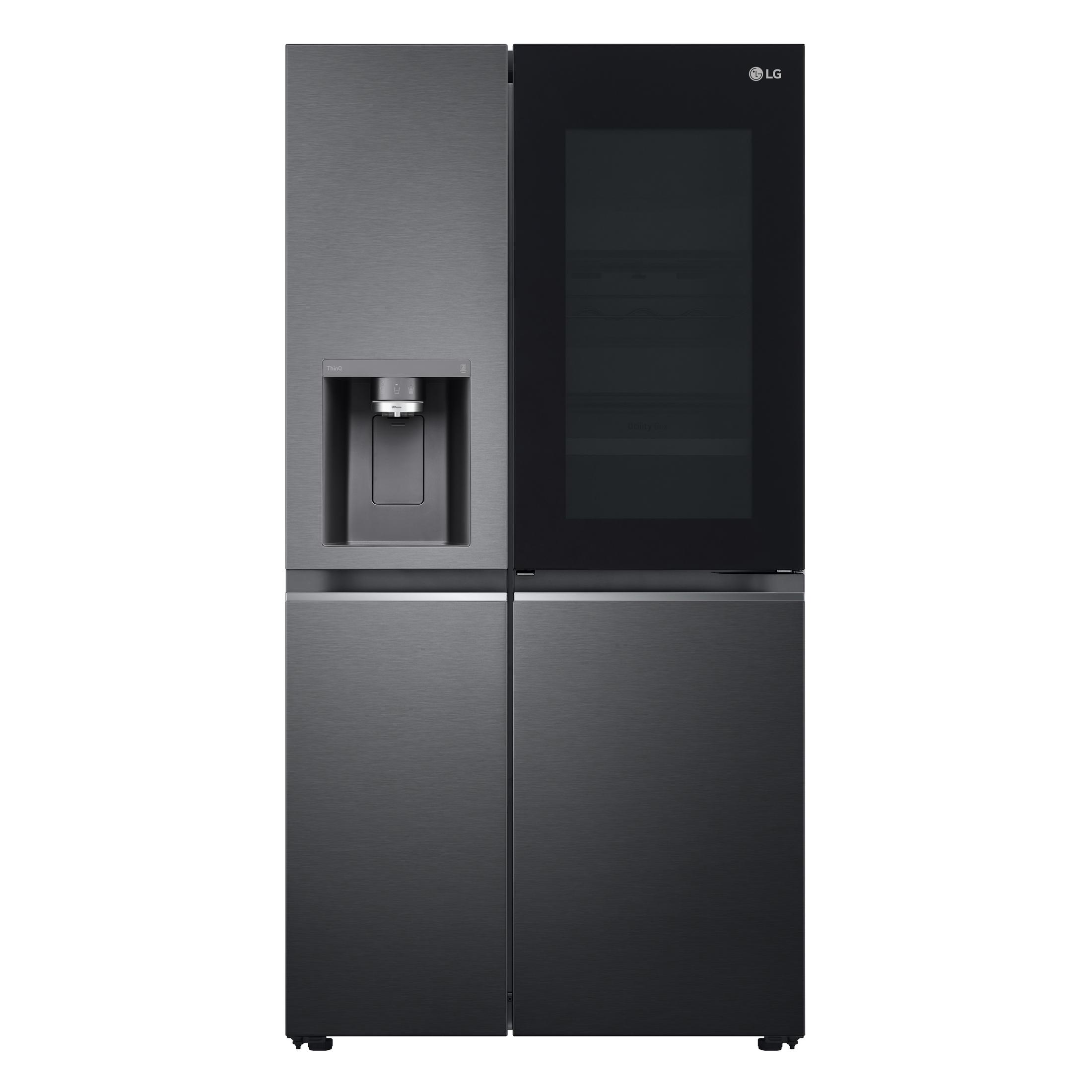Ein dunkelgrauer LG-Kühlschrank mit zwei Türen. Die rechte Tür ist aus Glas. Er hat einen Wasserspender.
