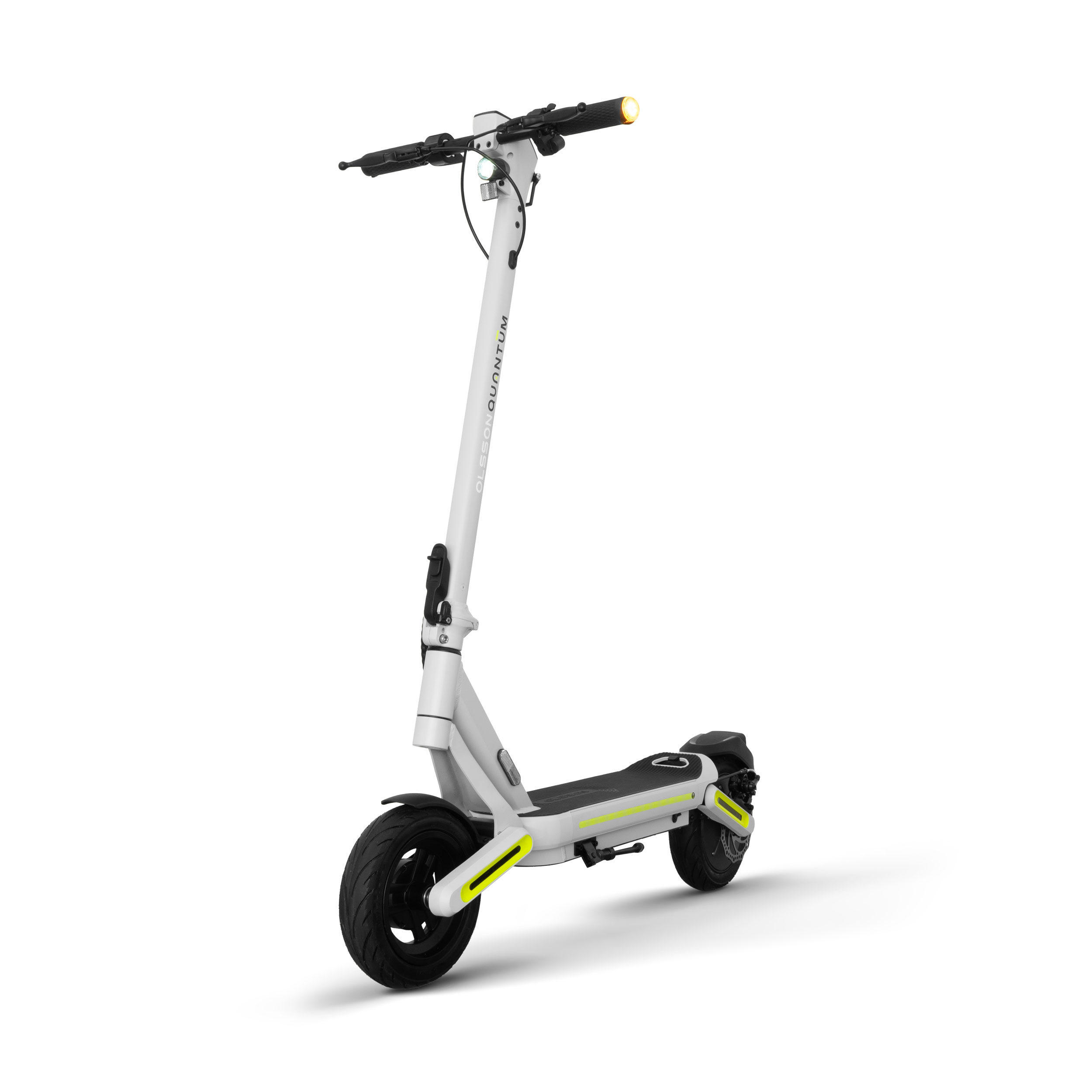 Patinete eléctrico blanco y amarillo. Tiene un neumático negro y una luz.